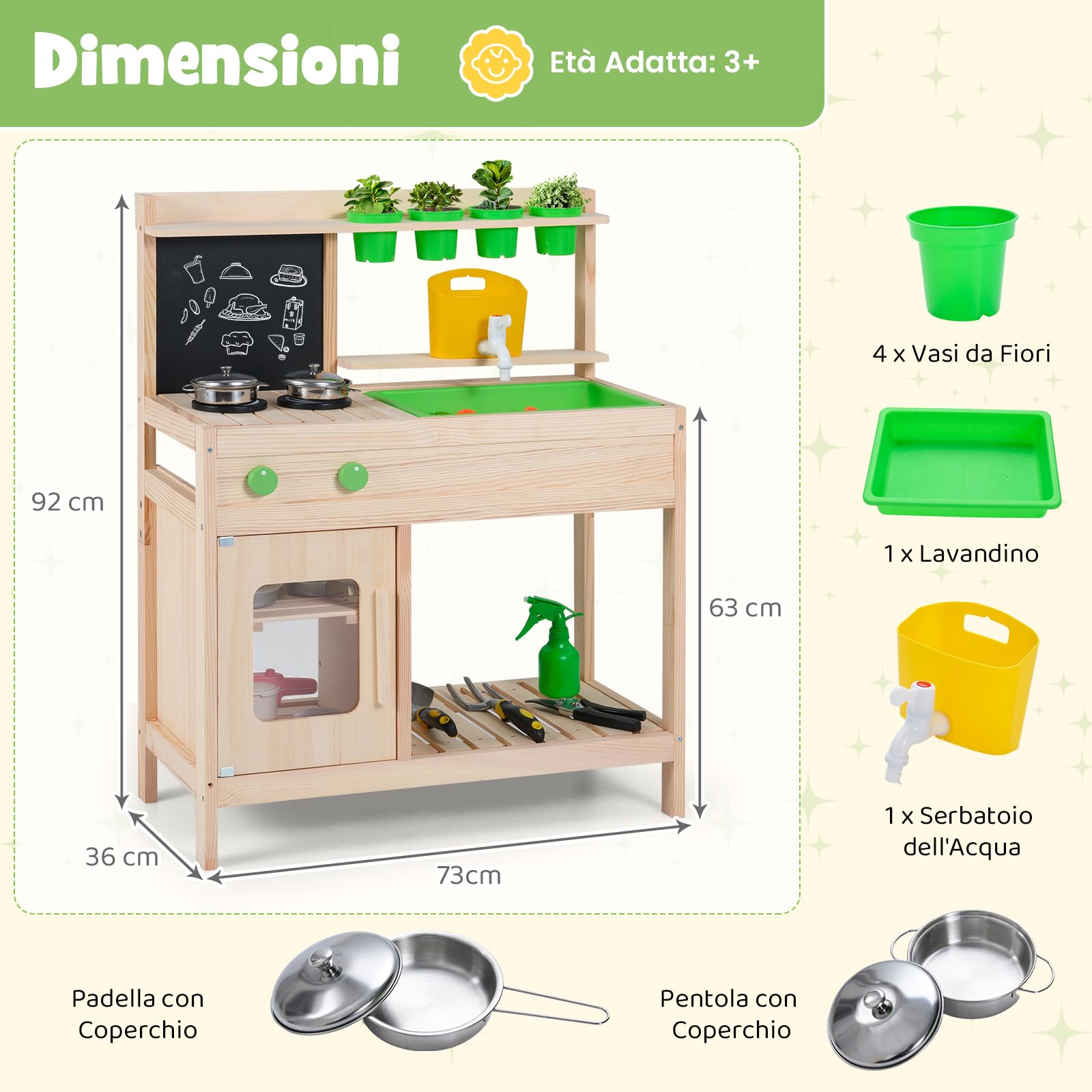 COSTWAY Cucina Giocattolo in Legno Massello, Cucina da Gioco con Rubinetto e Fioriera Removibile, Gioco Imitazione Fango e Giardinaggio all'Aperto, per Bambini 3+ Anni, 73 x 36 x 92 cm