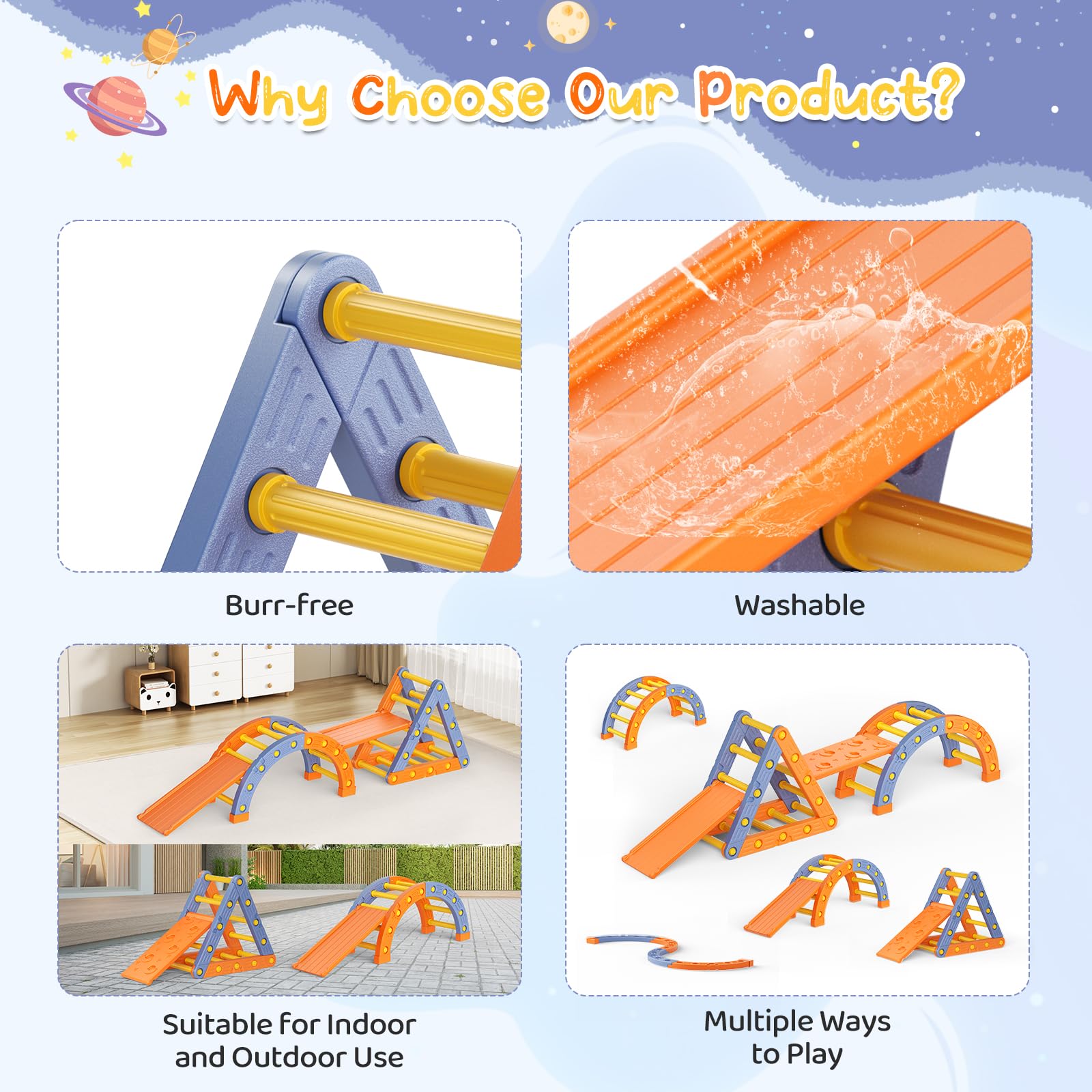 Montessori Klettergerüst Set, Indoor Kletterdreieck mit Dreieckiges Klettergerüst,Halbkreis, Leiter,Rutsche aus Kunststoff Kletterturnhalle für Babys (Orangeblau 005)