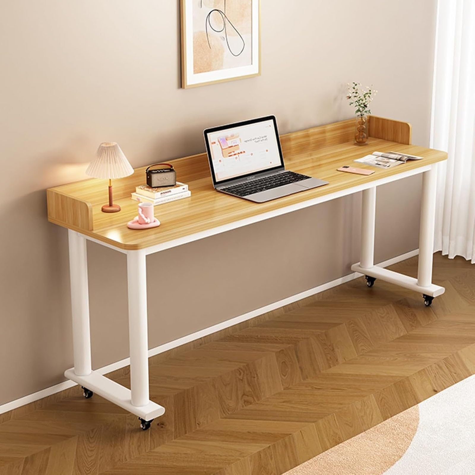 Stolik przyłóżkowy na kółkach, mobilny stojący stolik na laptopa o regulowanej wysokości z wytrzymałymi metalowymi nogami, stolik Queen Bed, stolik medyczny na kółkach do domu(Natural,150cm)