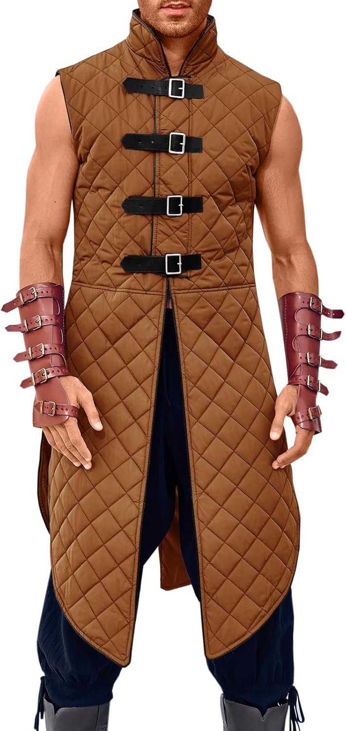 Runcati Men's Padded Gambeson Vest Sleeveless Aketon Armor Medieval Knight Surcoat Halloween LARP Costume Dress