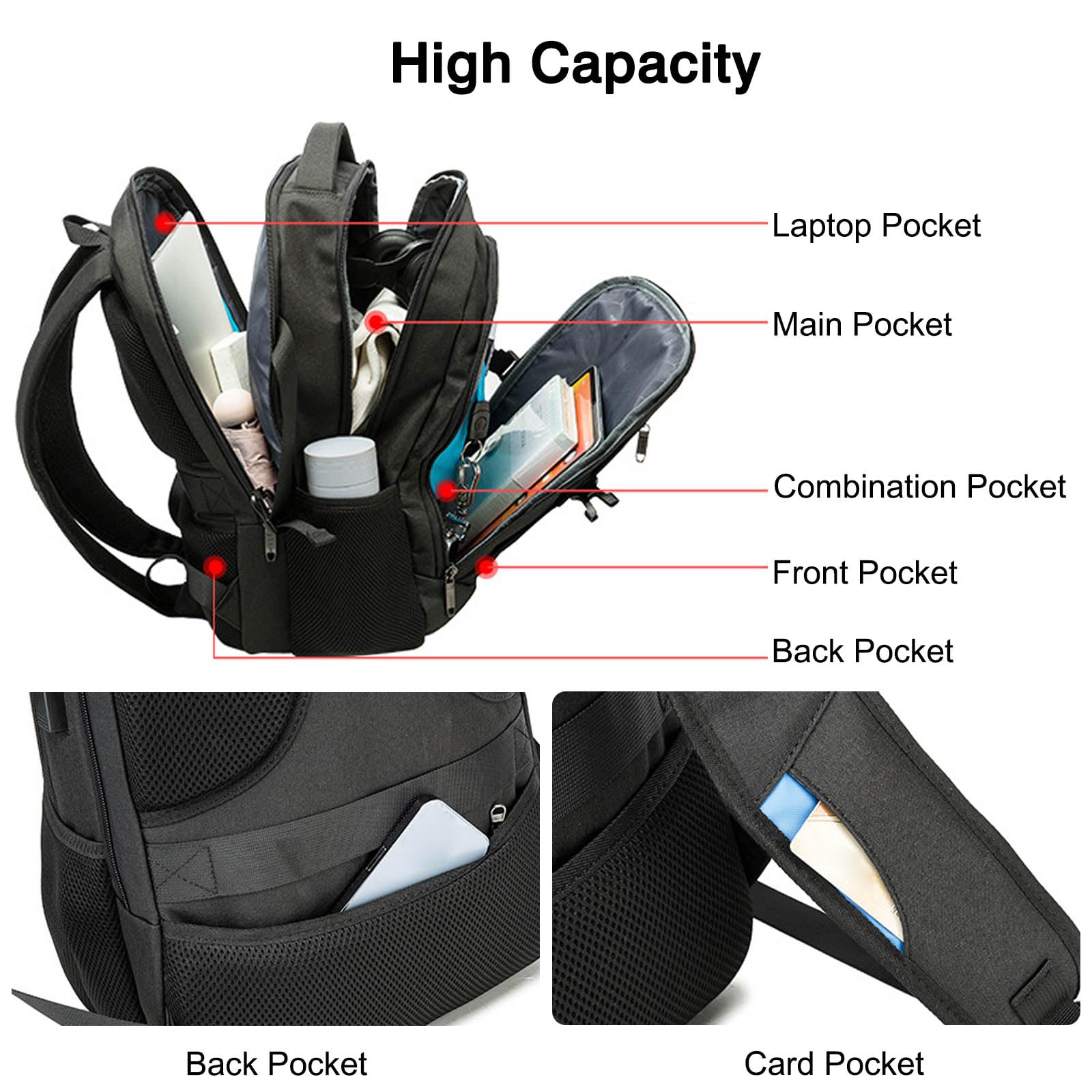 FANDARE Mochila Ordenador Mochila Hombre Mochila Portatil Mochila Impermeable con Puerto de Carga USB Bolsos Bandolera Backpack para Negocio Trabajo Diario Viaje Escolares Mochila Negro