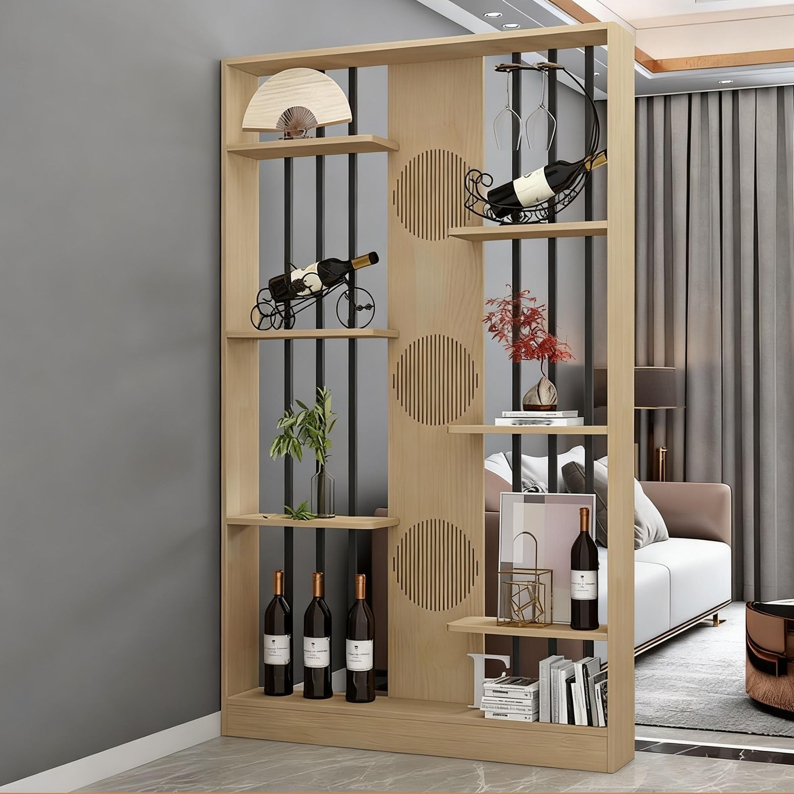 200cm/78.7in Height Floor to Ceiling Wall Post Partitions Screens,Modern Wooden Slats Privacy Screens Room Partition,with Open Storage Space,for Teahouse/Coffee Shop(B,100cm/39.4in)