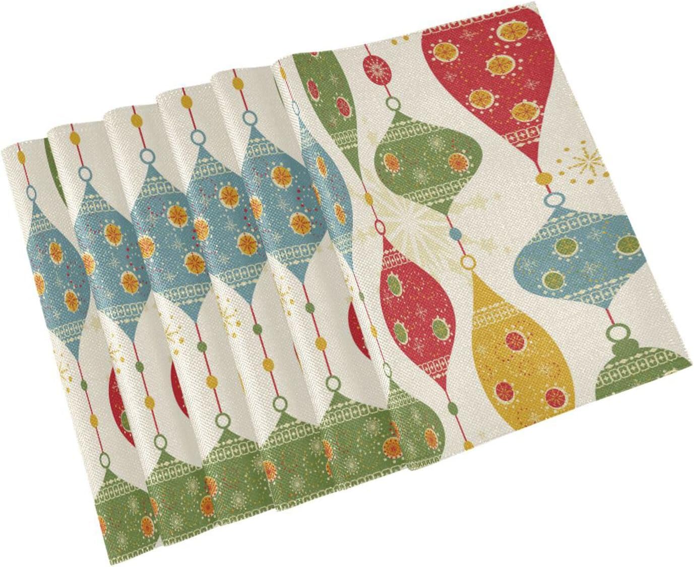 OTVEE Placemats Retro Christmas Balls and Stars Place Mats 6 Pcs Polyester Dinner Table Mat with Imitation Burlap Effect and Double Side Printed