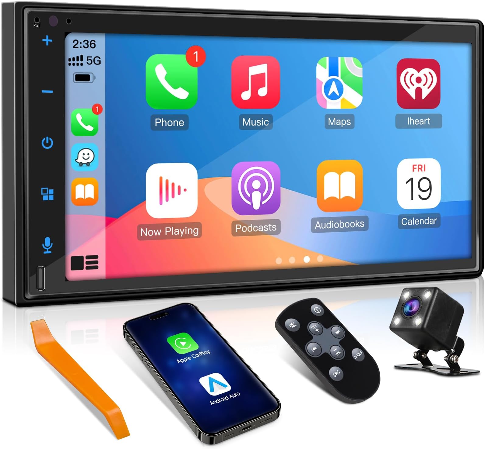 Double-Din Wireless CarPlay Stereo Receiver: Bluetooth Android Auto Car Radio - 7 Inch IPS Touchscreen Phone Mirroring Type-C Charge AM FM HD Backup Camera 4-Channel Audio Output 2 Subwoofer Ports