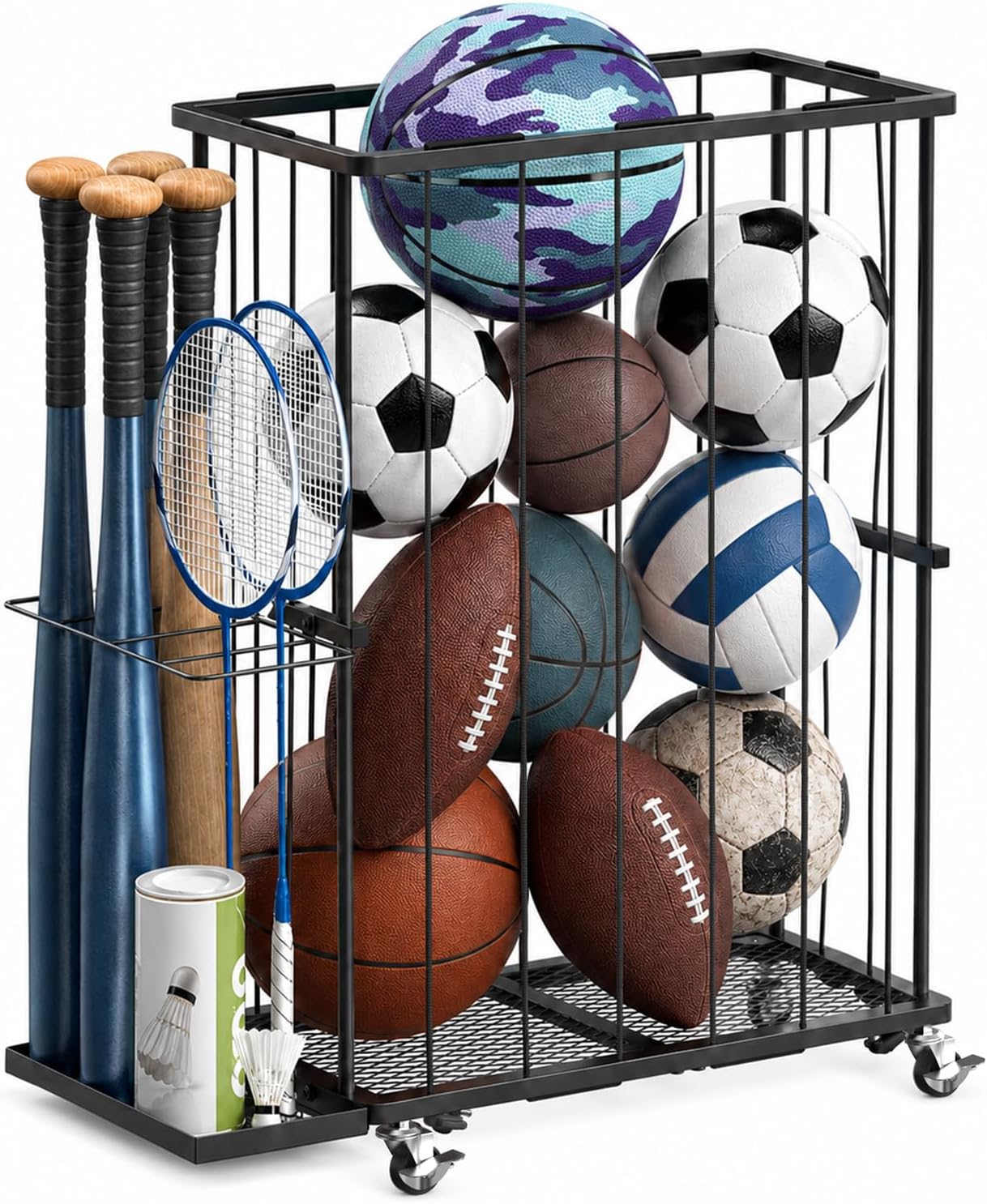 Garage Ball Storage Rack with Wheels and Elastic Rope, Sports Ball Holder for Basketball, Soccer, Volleyball, Football, Sports Equipment Organizer for Playroom, Home Gym, Indoor Outdoor Use