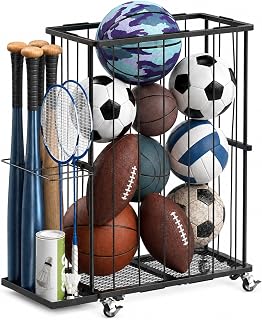 Ball Storage Rack with Side Bat Holder, Wheels, Garage Organizer | Basketball Soccer Volleyball Holder with Adjustable Elastic Cords, Ball Organizer Space Saving Rack for Basement Gym Outdoor