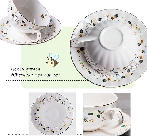 Miniatura 4 de Flower Bee - Tazas y platillos de té, taza de porcelana de hueso de café, 1 juego con hermosa caja (1 taza y 1 plato)