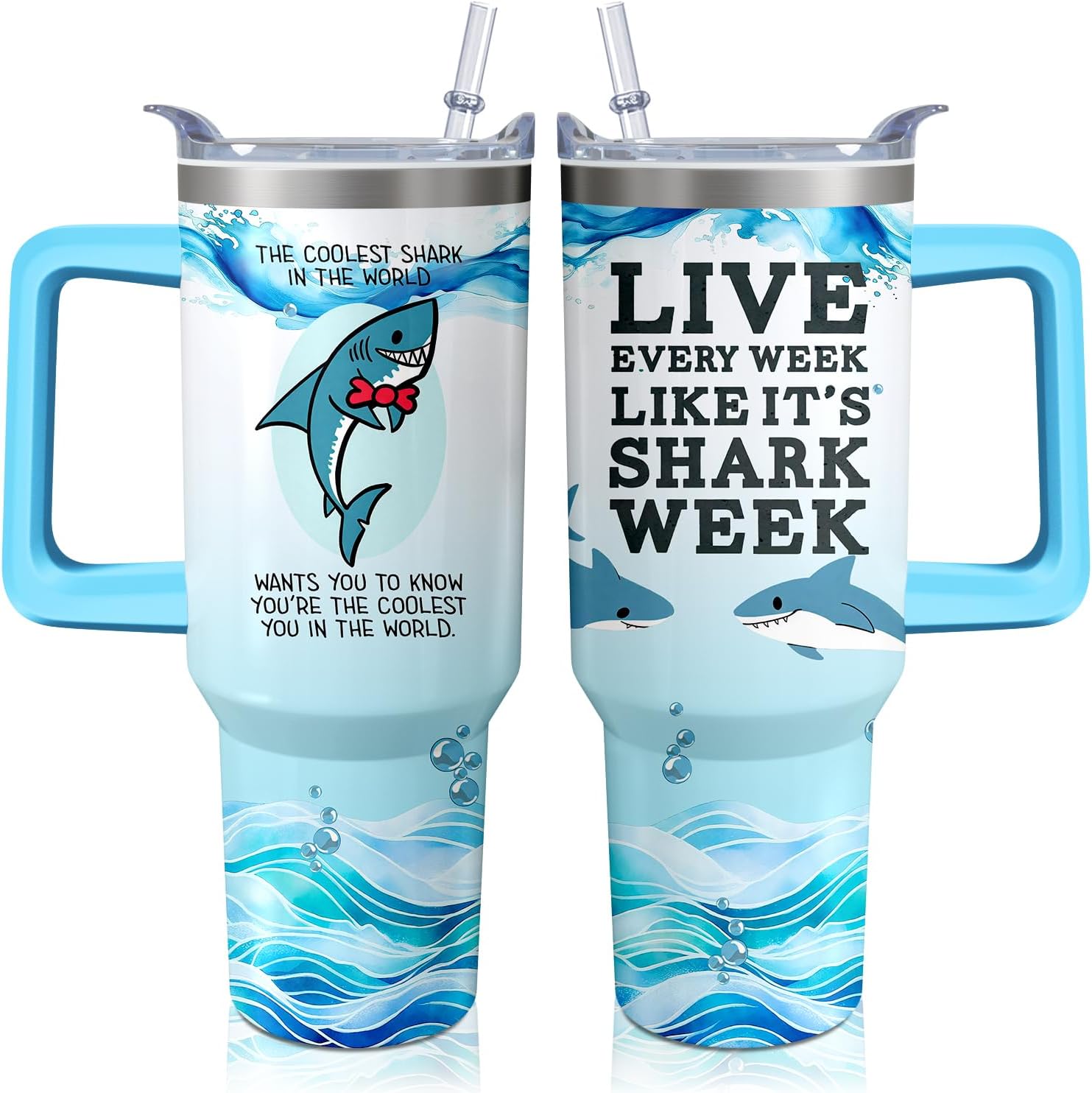40oz Shark Tumbler with Handle and Straw, Animal Lovers Gifts for Women Men, Stainless Steel Travel Mug Water Bottle, Vacuum Insulated Cup with Lid