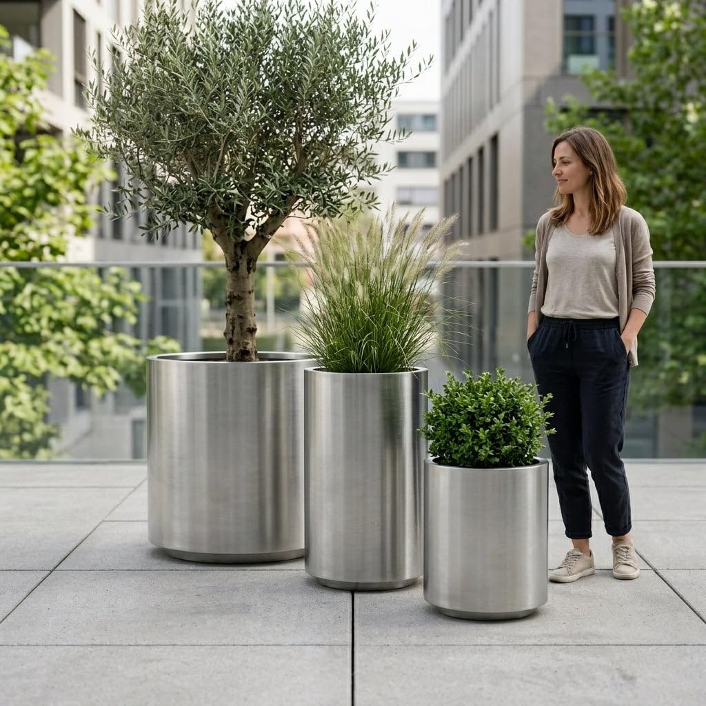 Metropole Edelstahl Pflanzkübel Ø40 x H50 cm Silber — Pflanzgefäß groß frostbeständig handgefertigt rostfrei Outdoor Indoor Garten Terrasse Balkon