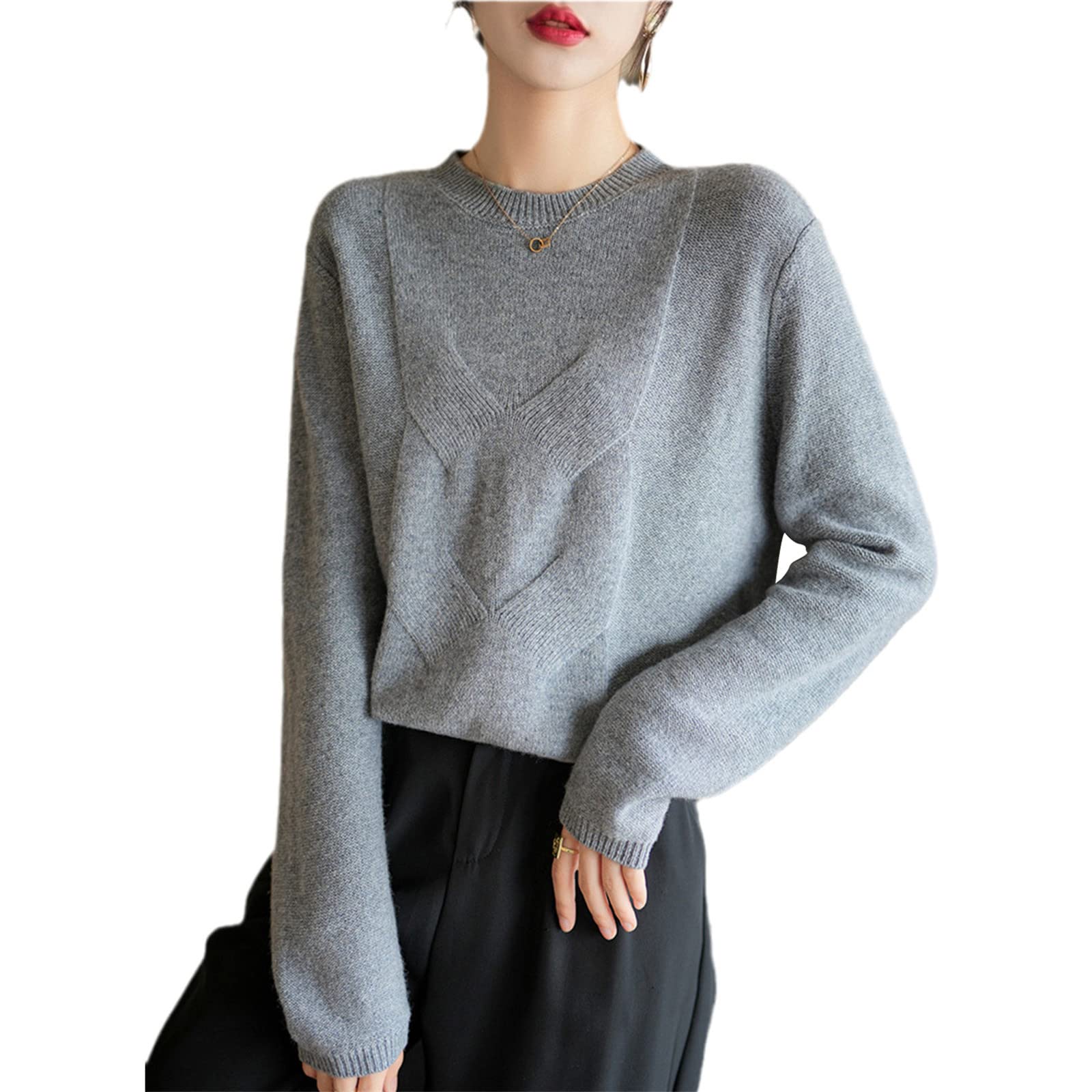 Kelsiop 100% lana merino suéter de las mujeres cuello redondo suéter otoño invierno moda punto parte inferior camisa, gris, XXL