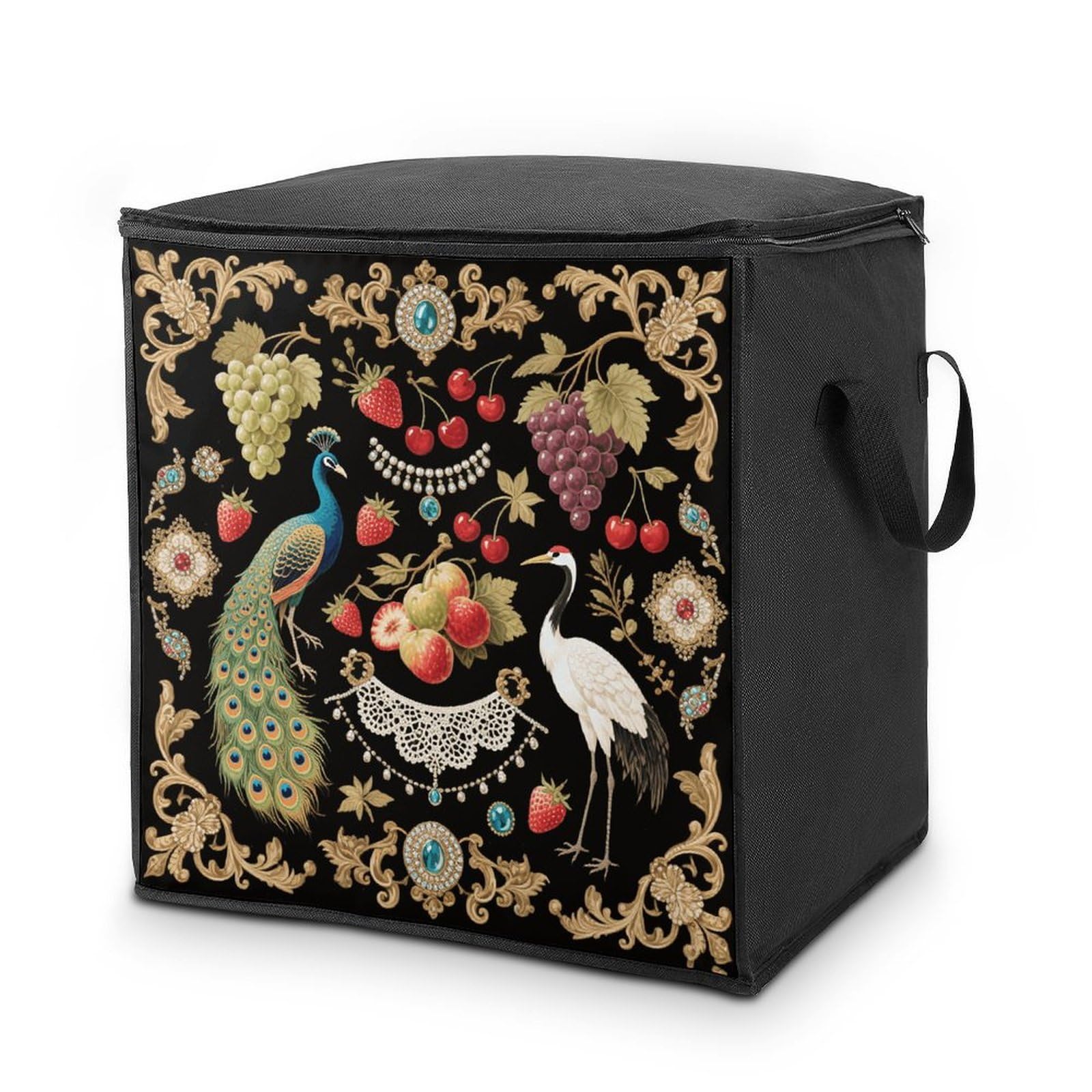 Vintage Fruit & Bird Print Storage Bag with Zippers And Handle Extra Large Bedding Comforter Storage Bag Foldable Blanket Storage Bags Fabric Moving Bags for Closet Organizer (70L)