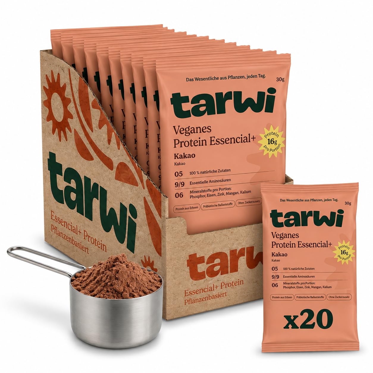 Tarwi Veganes Proteinpulver 20 x 30g | Laktosefreies pflanzliches Protein, ballaststoffreich | bis zu 69g Protein | Geschmacksrichtungen: Natur, Vanille und Kakao (Kakao)