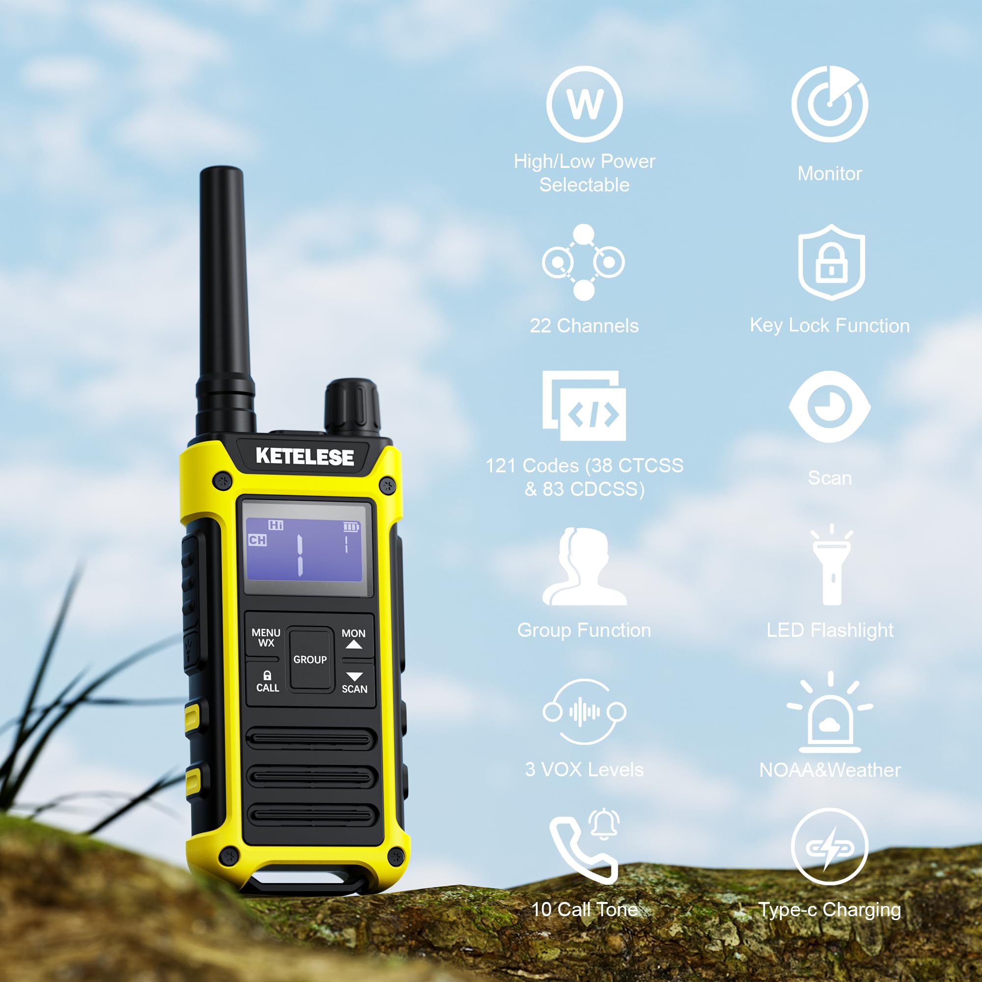 KETELESE T3F IP67 Waterproof Walkie Talkies, FRS Two Way Radio with Earpiece, Triple Proof, Three Charging Options, USB/Type C Radio, NOAA, VOX (2 Pack), Black/Yellow