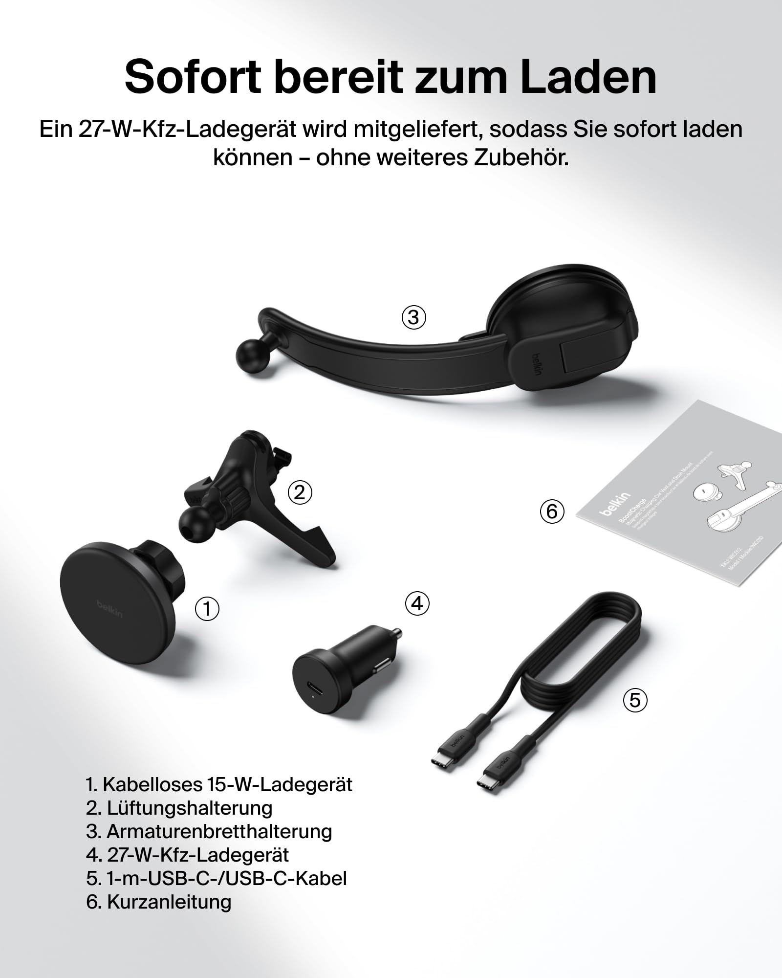 Belkin Kfz Ladegerät Kabellos, Handy Autohalterung mit Ladefunktion, MagSafe Kompatibel, USB-C-Kabel, Induktive Ladestation Auto für iPhone 17, Galaxy S25, Pixelsnap usw., Qi2 Schnellladen – Schwarz