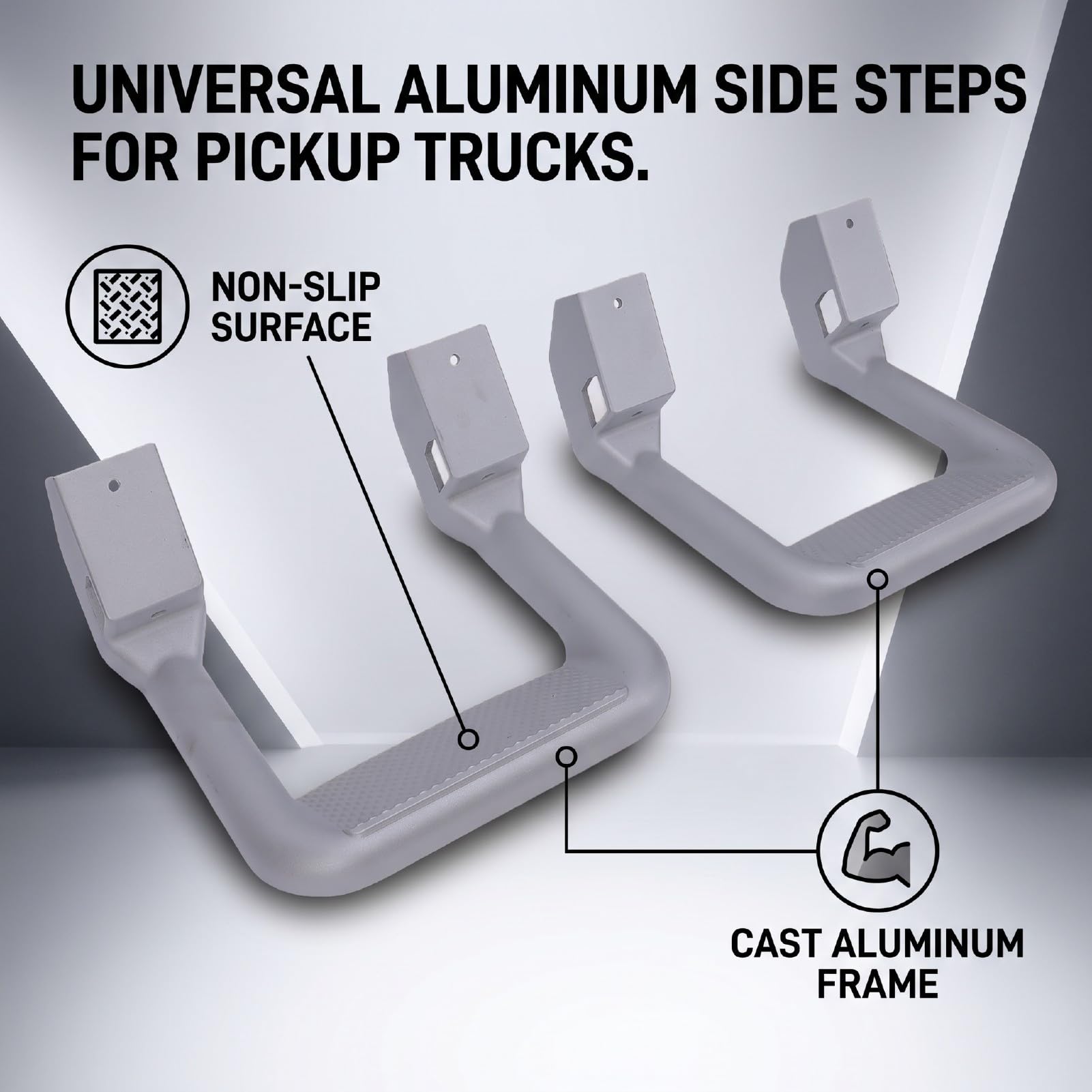 AMONIDA Escalones Laterales Universales para Camiones, Diseño de Aluminio Resistente con Superficie Texturizada Antideslizante, Reemplazo sin Esfuerzo, 2 Juegos, Acabado Plateado