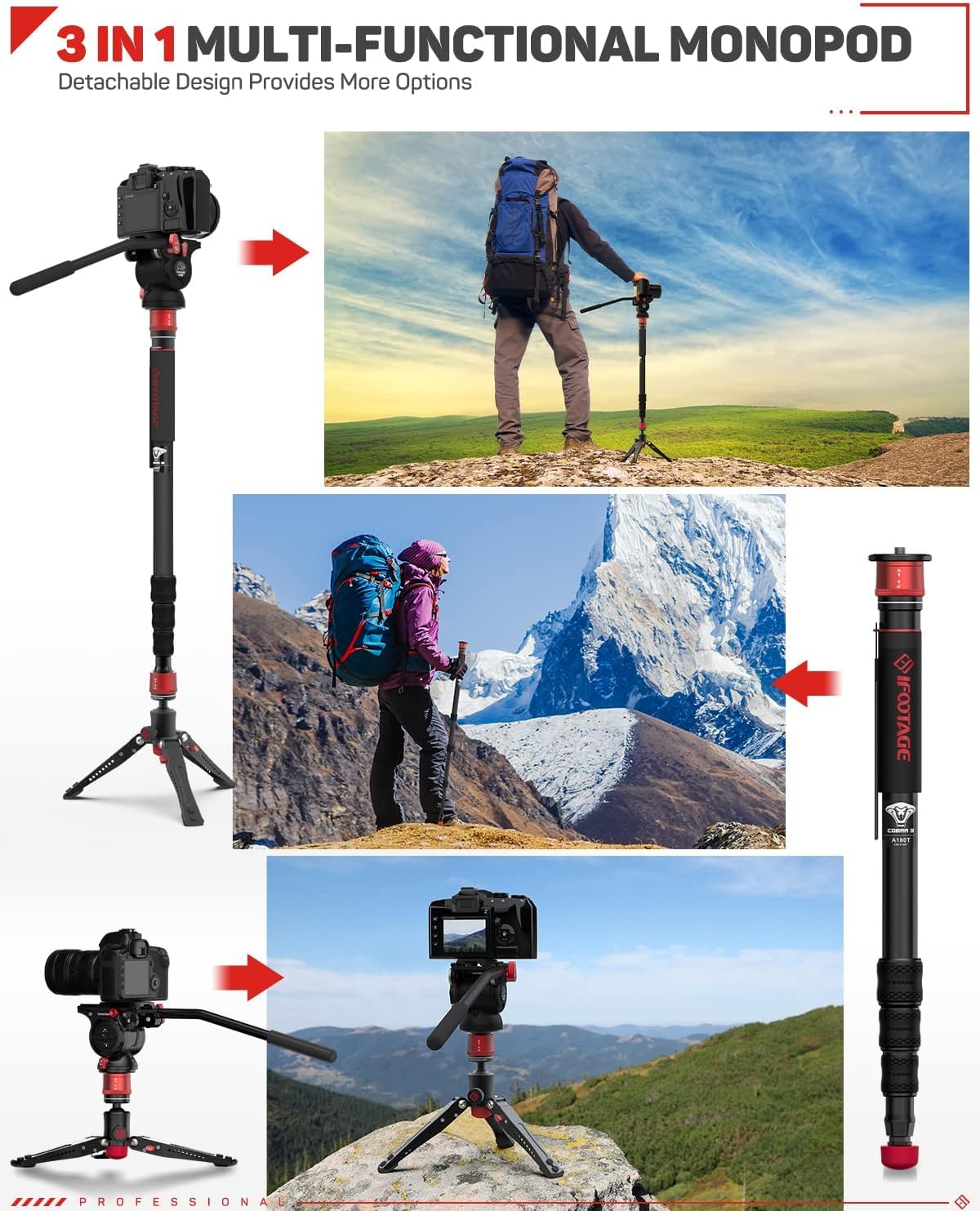 IFOOTAGE Cobra 3 A180T Fotografie-Kamera-Einbeinstativ mit Standfüßen, Drehverschluss-Design für monopod stativ mit abnehmbarem Stativfuß, Canon, Nikon, Sony, DSLR & Videokamera