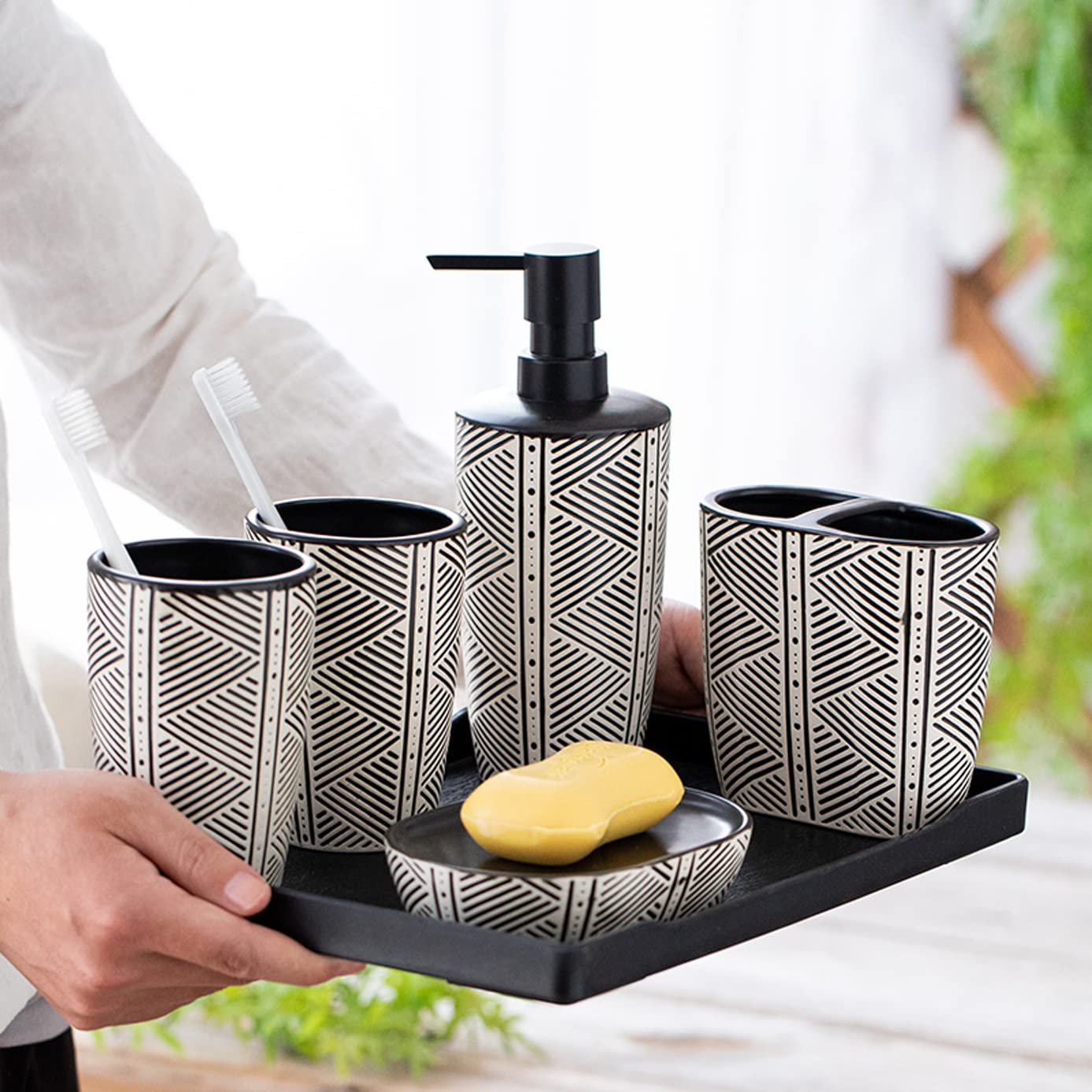 Juego de Accesorios de baño con Textura Negra, Kit de decoración de Accesorios de baño de cerámica de Moda con dispensador de loción, Soporte para Cepillo de Dientes, 2