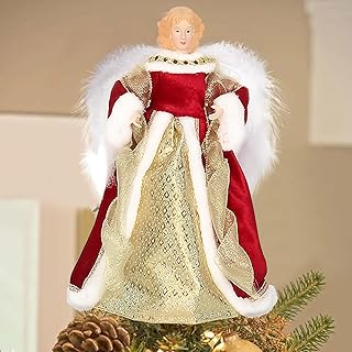 Longzhuo Angel Christmas Tree Topper - Fibre Optic Angel Decoration with Feather Wings, Light Up Xmas Topper, 30cm/11.8in (Red-Warm Light New)