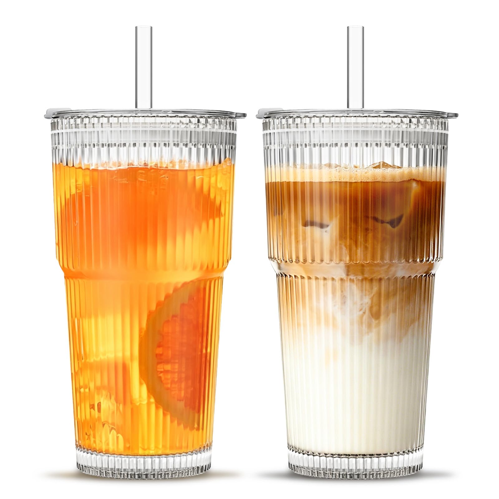 INSETLAN 20 oz Ribbed Glass Tumblers with Lids and Glass Straws – 2-Piece Glassware Set, Heavy-Duty Tumblers, Ideal for Iced Coffee, Smoothies, Cocktails, and Juices – Elegant and Durable Drinkware — image 1