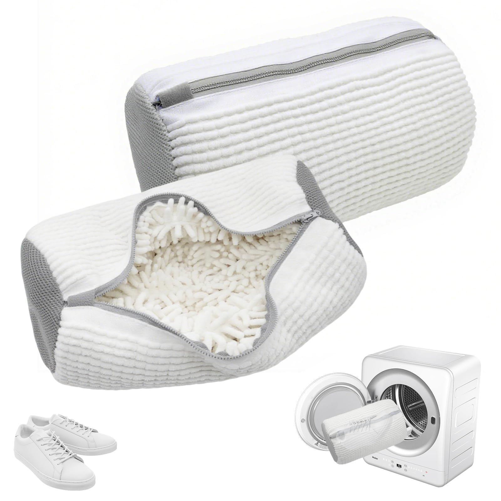 YAMAIDUO 2er Pack Schuhwaschbeutel Waschmaschine, Wiederverwendbarer Anti-Verformung Schuhbeutel Waschmaschine 360° mit Verstecktem Reißverschluss, Wäschesack Schuhe für Alle Schuharten & Größen, Weiß