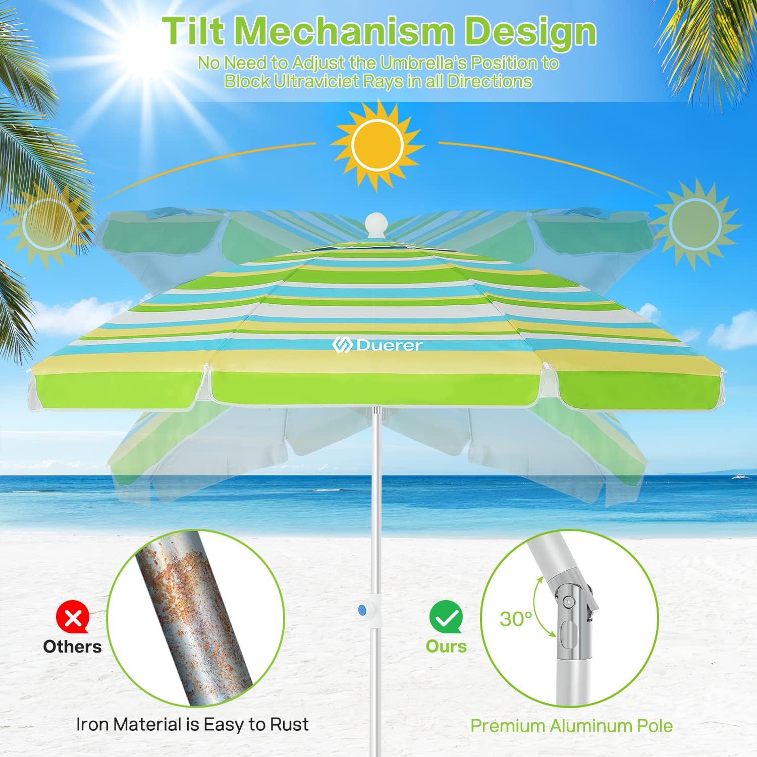 Duerer Beach Umbrellas, 6.5ft Umbrella for Sand with Anchor Heavy Duty Windproof, Height Adjustable Tilt Aluminum Pole, Portable Beach Umbrella with Carrying Bag for Patio Garden Outdoor
