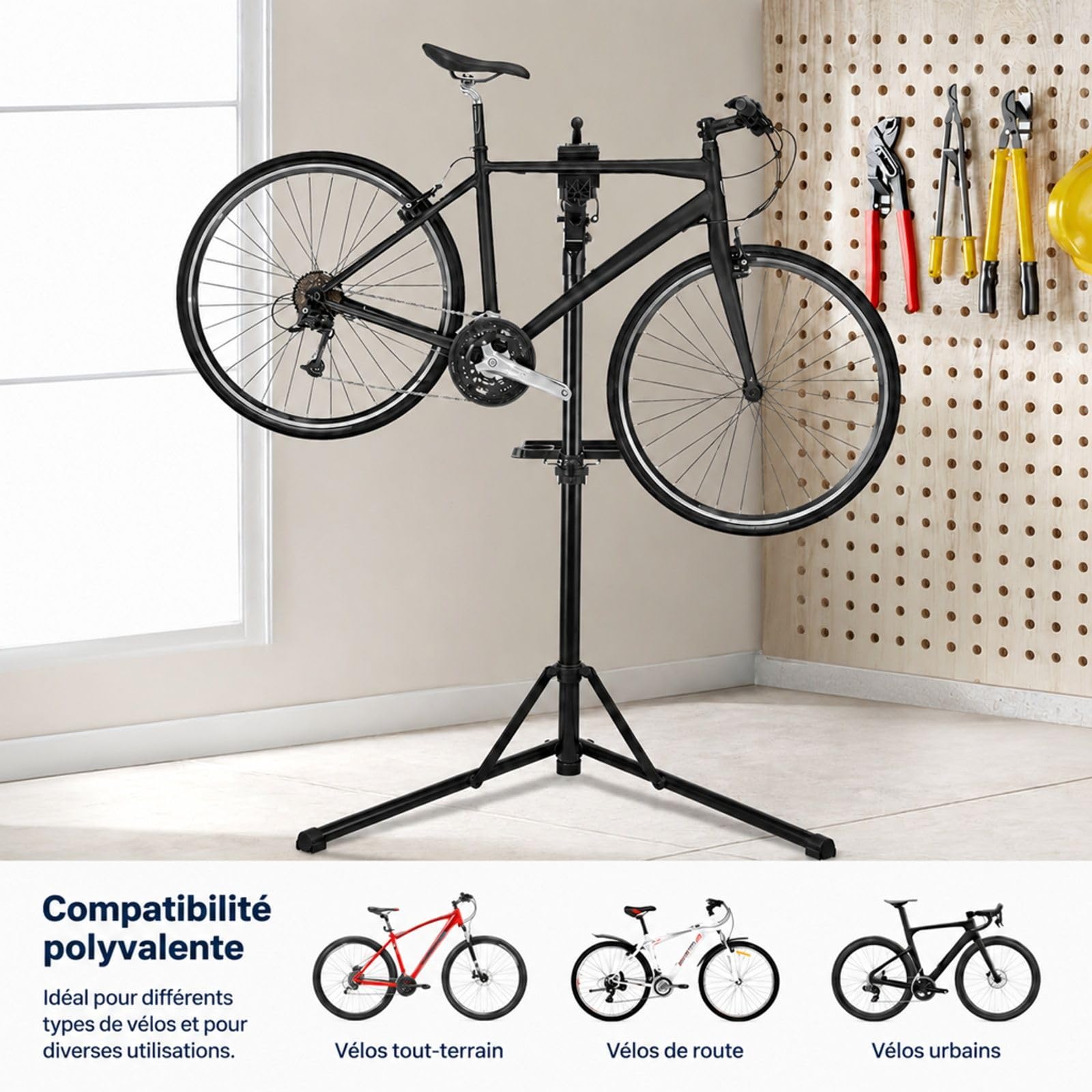 Pied d'atelier pour vélo avec plateau à outils et pince de maintien pour réparation à domicile ou atelier