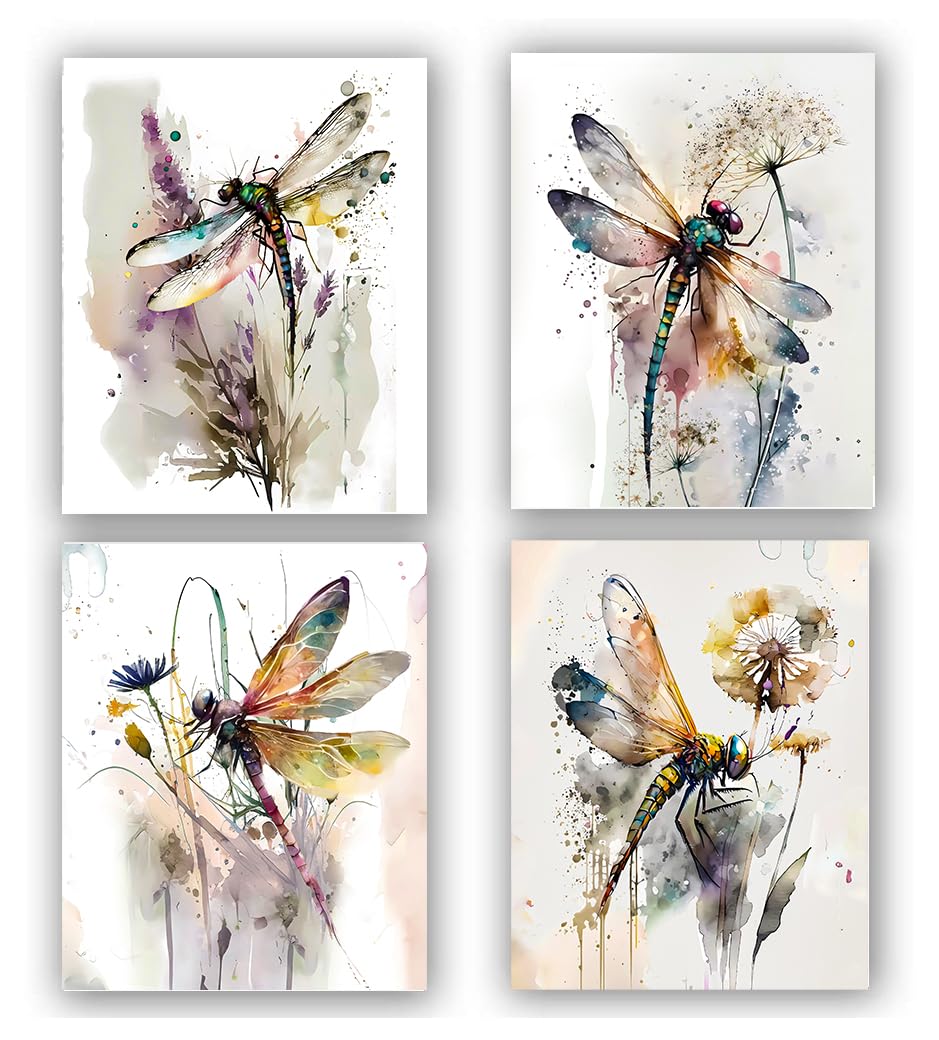 Colorful Insect Wall Art Prints - Dragonfly Watercolor Painting, Floral Pictures Artwork Printing Posters - Set of 4 (8''x10'', Unframed) for Bathroom & Living Room