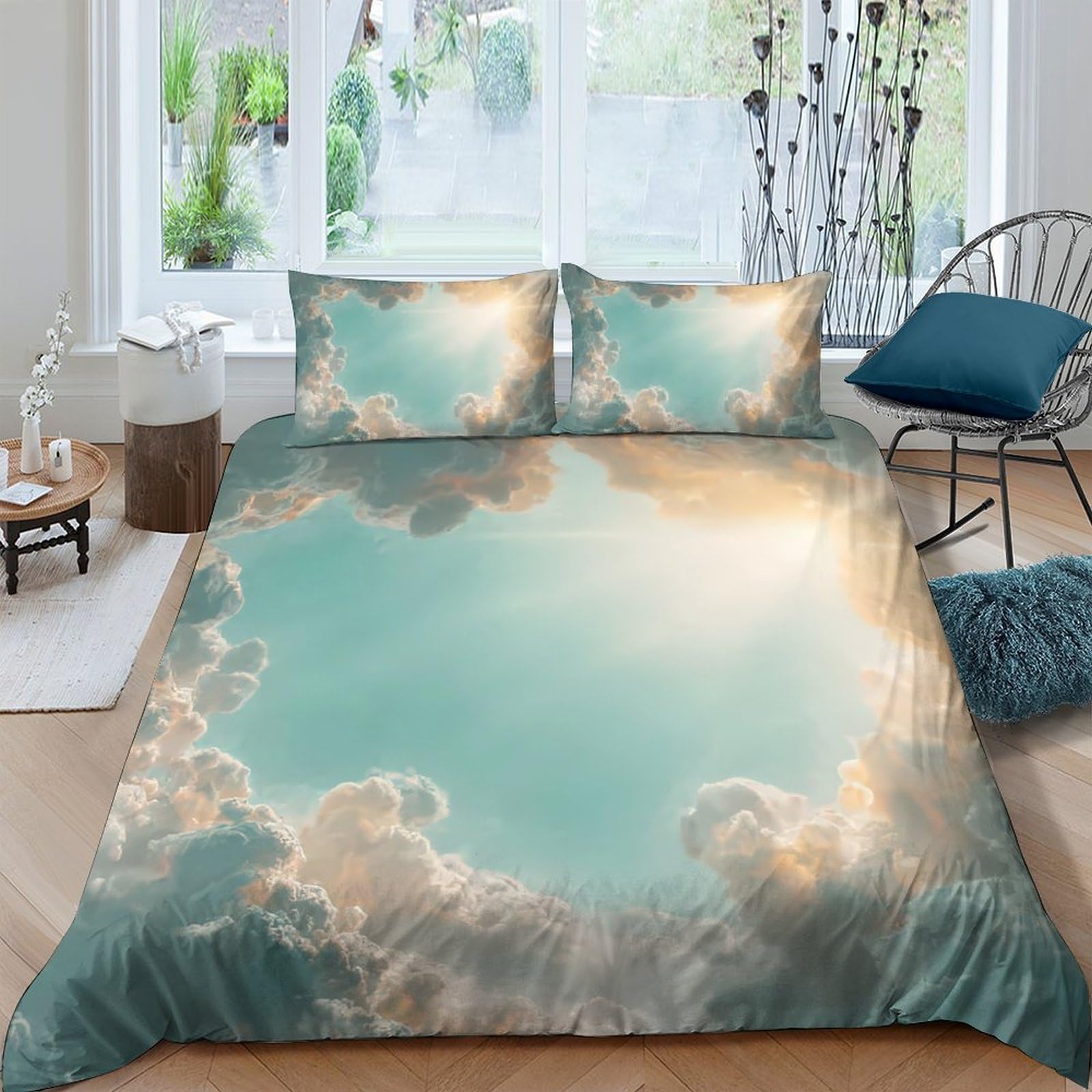 Ctjqhvkz Style-7 3D Printed Sky Cloud Fitted Sheet Microfiber Soft Bedroom Decor Sunlight Bed Cover Anti-Slip Machine Washable Single（135X200cm）