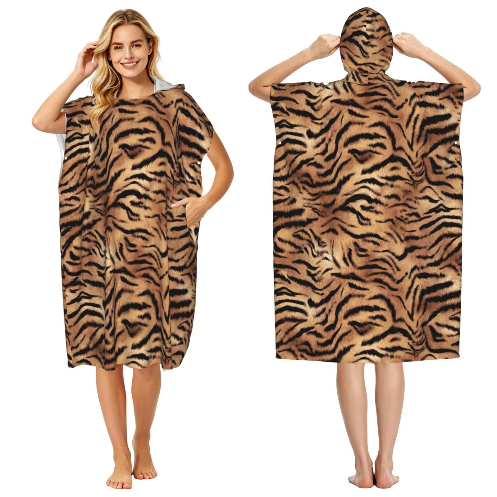Poadnly Tiger Print, Adult Hooded Beach Towel 90 x 110 cm,Changing Bath Robe, Surf Poncho Towel For Women Men