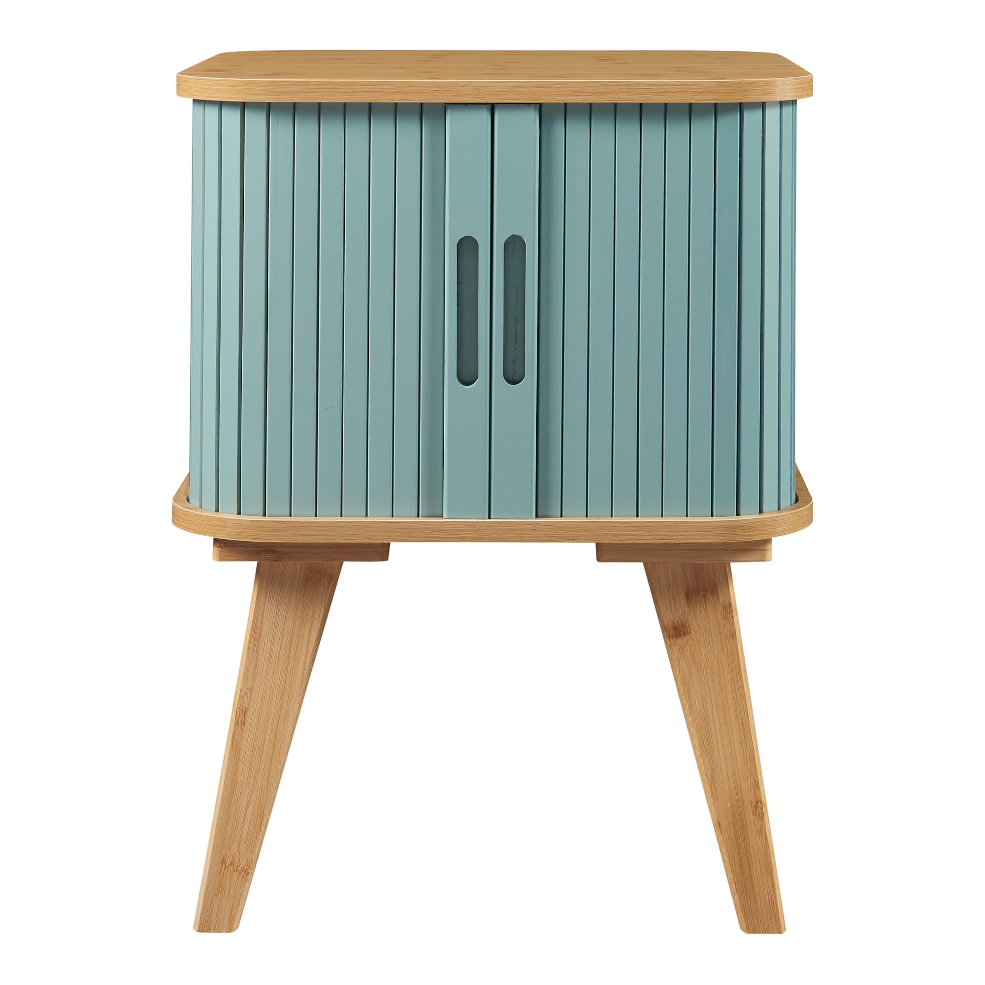 [en.casa] Mesa Auxiliar Tysvær Mesilla de Noche con 1 Compartimento Cerrado con Puertas Correderas para Salón Dormitorio Oficina Bambú 58 x 45 x 45 cm - Natural/Azul