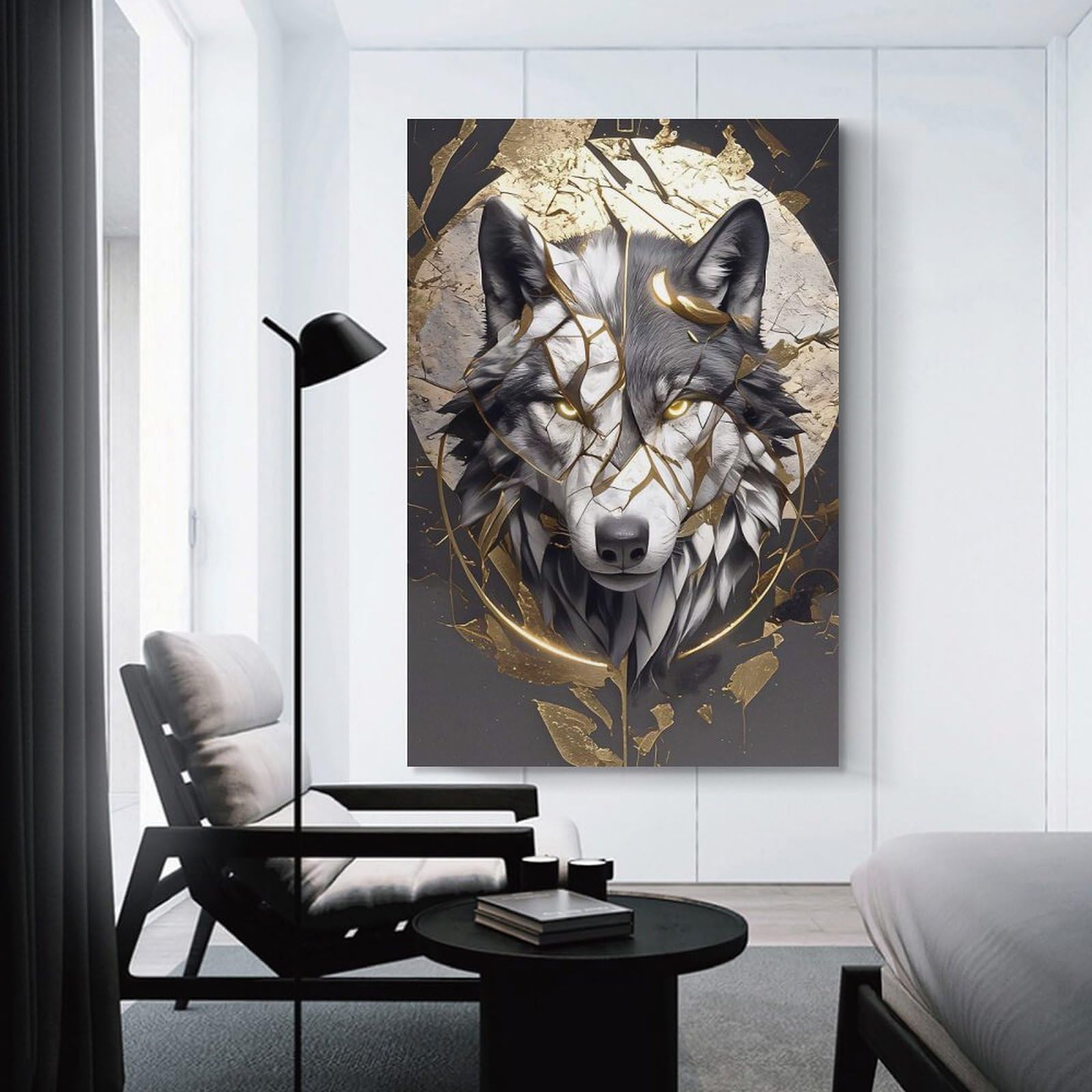 Junmoney Unframe-Style-12 Canvas Art Print Wolf With Golden Fractures, 24X36inch(60X90cm), For Office, Study Or Home Workspace, Wall Art That Adds Style To Work Areas