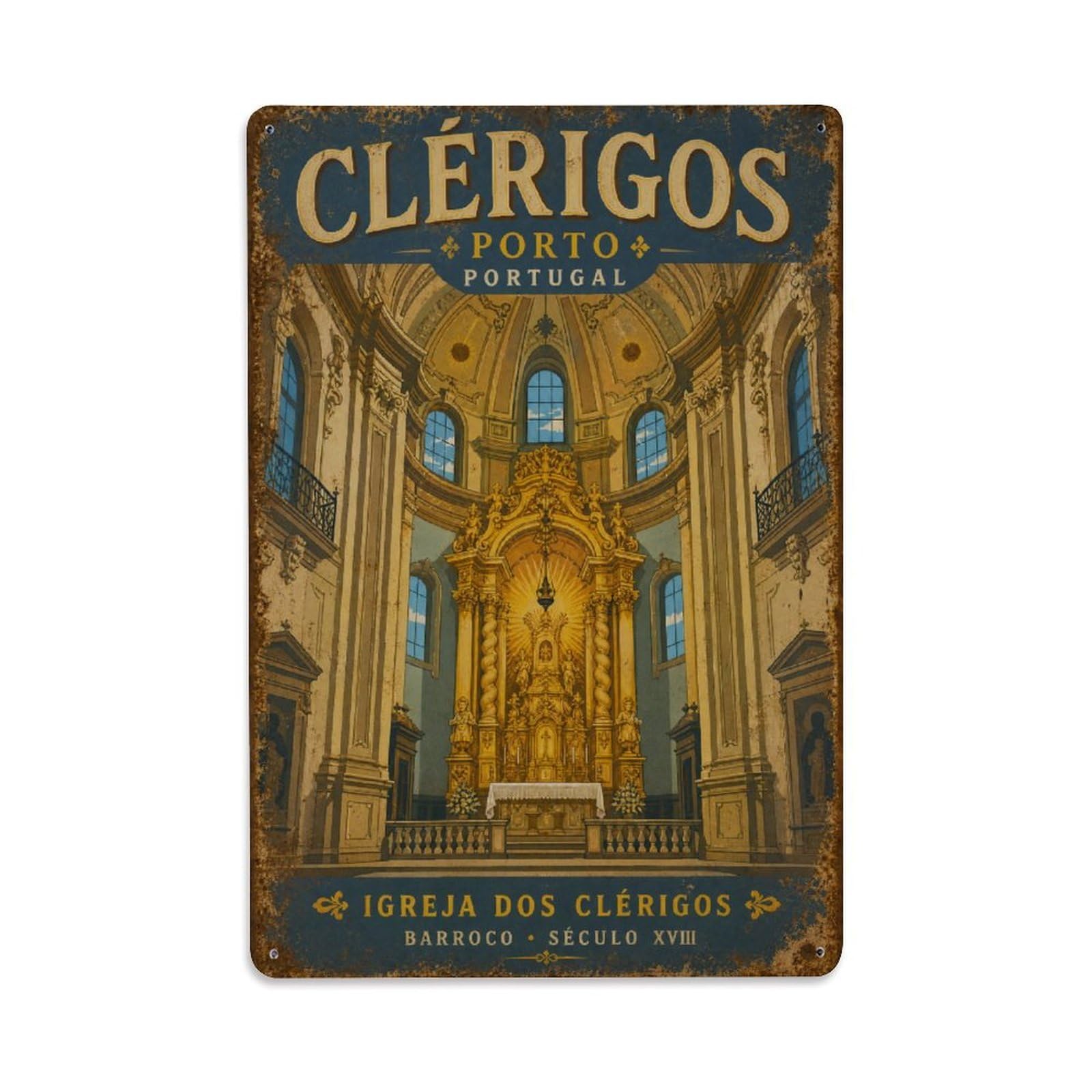 Huiyhb 8X12inch(20X30cm) Vintage Travel Clerigos Church Interior Baroque Altar Portugal Metal Tin Sign
