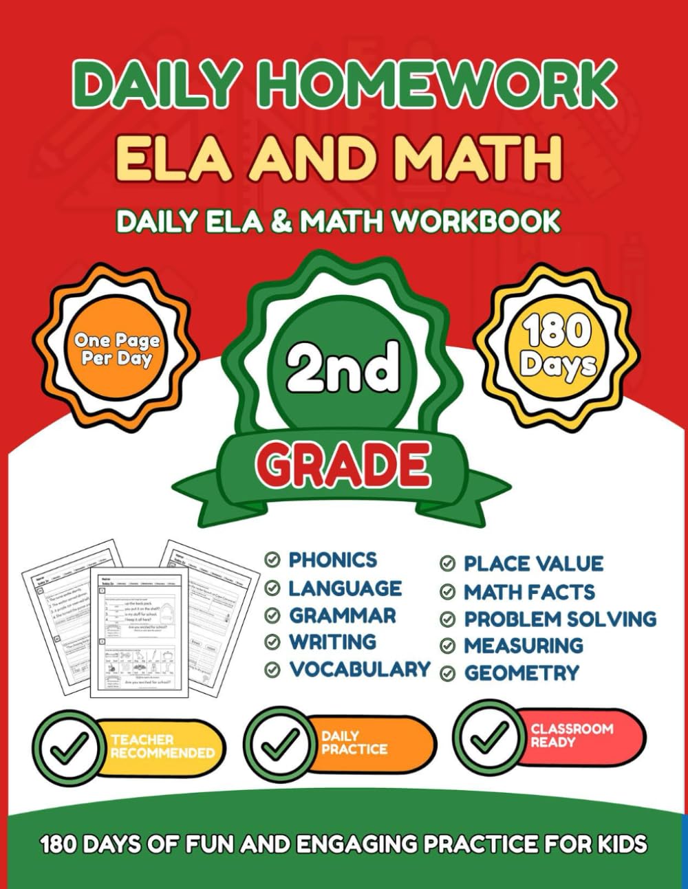 Daily Homework: ELA & Math 2nd Grade: 180 Days of Spiral Review – No Prep After-School Workbook for Reading, Grammar, Addition & Subtraction (No-Tears Homework Routine)