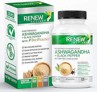 Renew Actives HIGH POTENCY ORGANIC ASHWAGANDHA Capsules: Pure Ashwagandha with Black Pepper - Powerful Herbal Supplement Traditionally Used to Support Sleep & Relaxation - 120 Veggie Supplements. NON-GMO & VEGAN. Easy to Swallow Capsules! Made in Canada