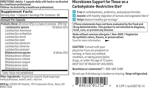Miniatura 5 de Klaire Labs Lactoprime Plus Probiótico - 25B CFU para hombres y mujeres sensibles a los carbohidratos - 7 Lactobacillus y 5 Bifidobacterium Blend