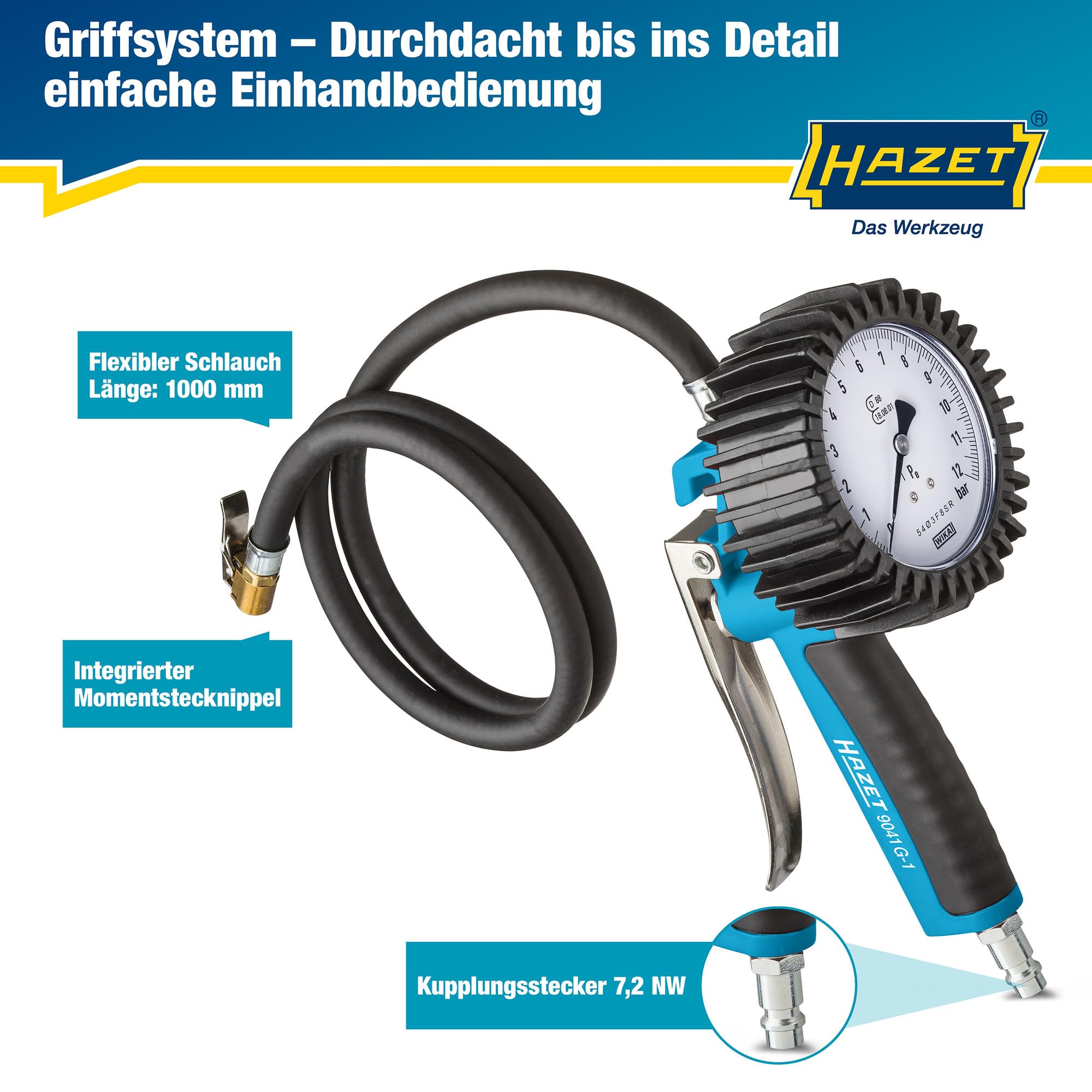 Hazet 9041G-1 Reifenfüll Messgerät, Geeicht, Ablesbar, Manometer Messbereich, 0 bis 10 Bar, Schlauchlänge, 1000 Mm, Durchmesser, 80 Mm, 1 Count