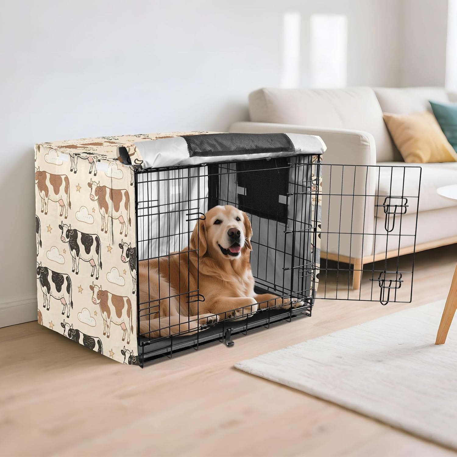 Brown and Black Cows Dog Crate Cover 600D Oxford Pet Kennel Cover with Mesh Window for Dog Cages, Windproof Waterproof Machine Washable, 42"x28"x30"
