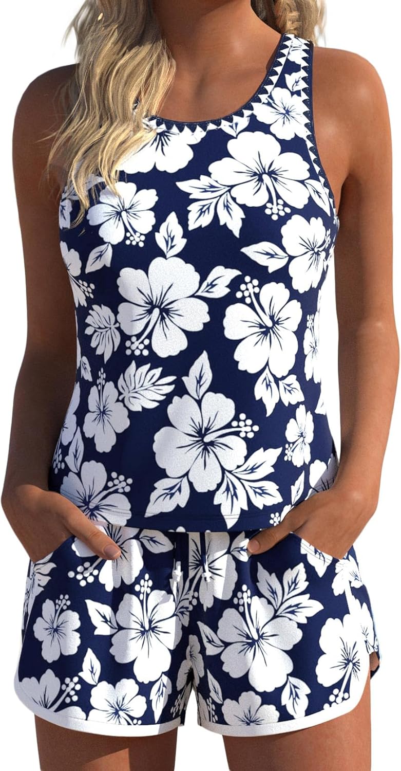 MODLILY Modest Coverage Womens Tankini Swimsuits with Pocket, Bathing Suits Contrast Binding Tank Top with Board Shorts