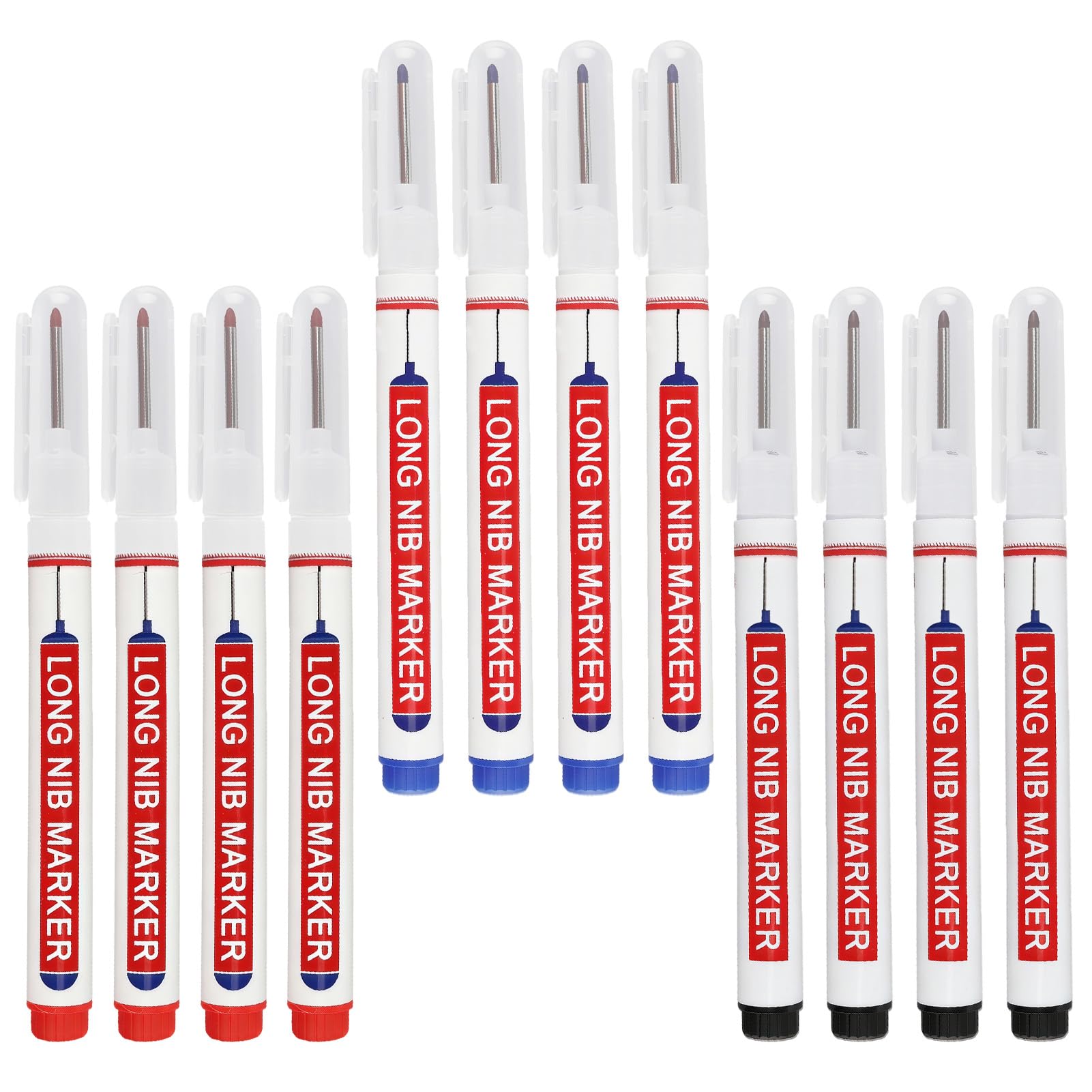 12Pcs Marcador Agujeros Profundos y Rotulador Carpintero, 22mm Marcador Indeleble Carpintero de Punta Fina Resistente al Agua para Marcar Metal Plástico y Madera, Secado Rápido (Negro, Azul, Rojo)