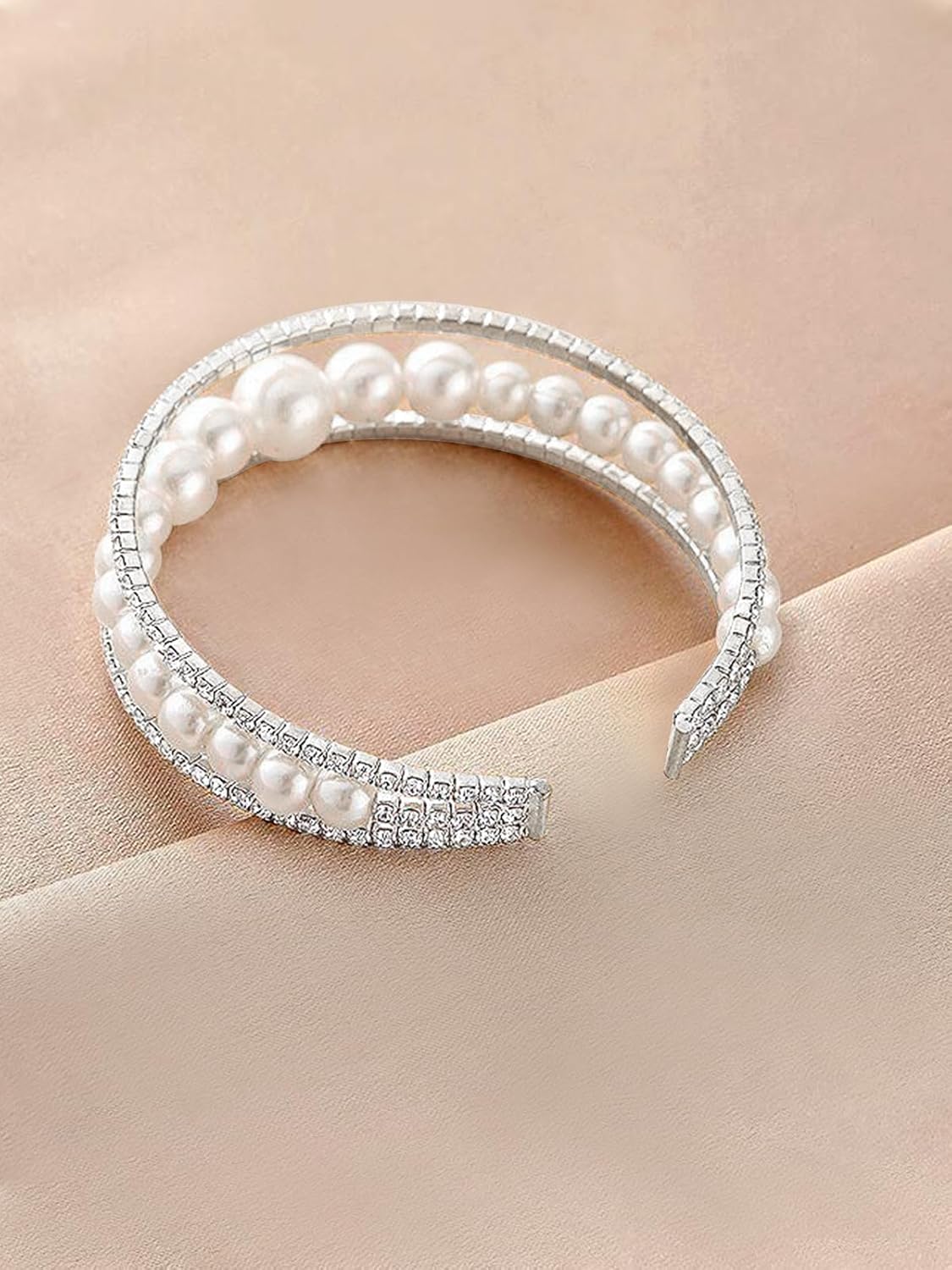 Multi Row Crystal Pearl Cuff Rhinestone Bridals Bangle Layered Beads Cuff Bracelet for Women - Image 5