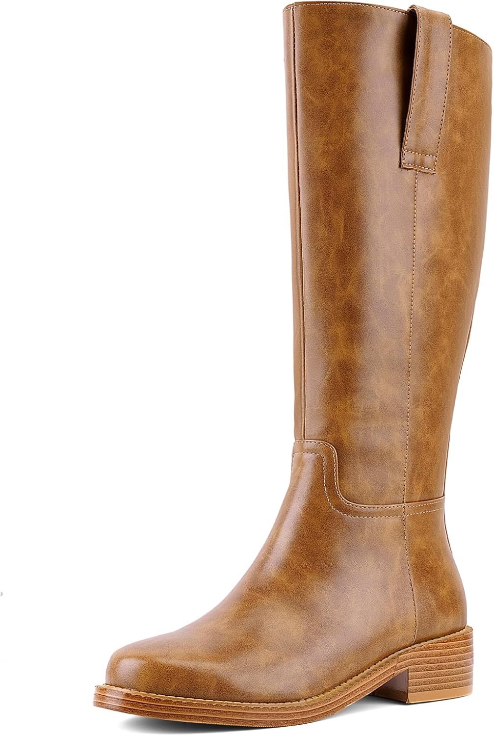 Women's Square Toe Chunky Heel PU Leather Knee-High Boots Multiple Colors (Black,Burgundy,Yellow,Brown) Stylish Casual & Dress Footwear