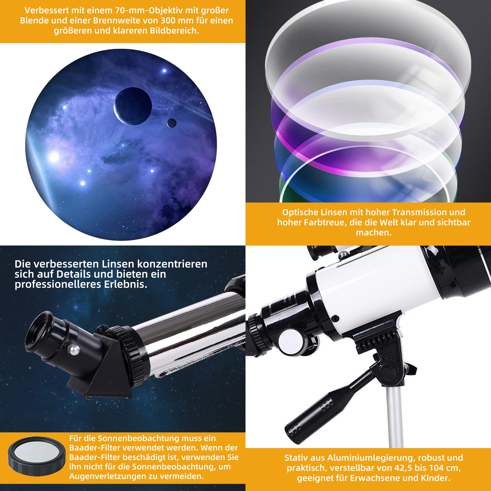 ACESOME Teleskop für Kinder & Einsteiger, 15x-150x astronomisches Refraktor-Teleskop, mit Ausziehbarem Stativ, Telefonhalterung, Mondfilter