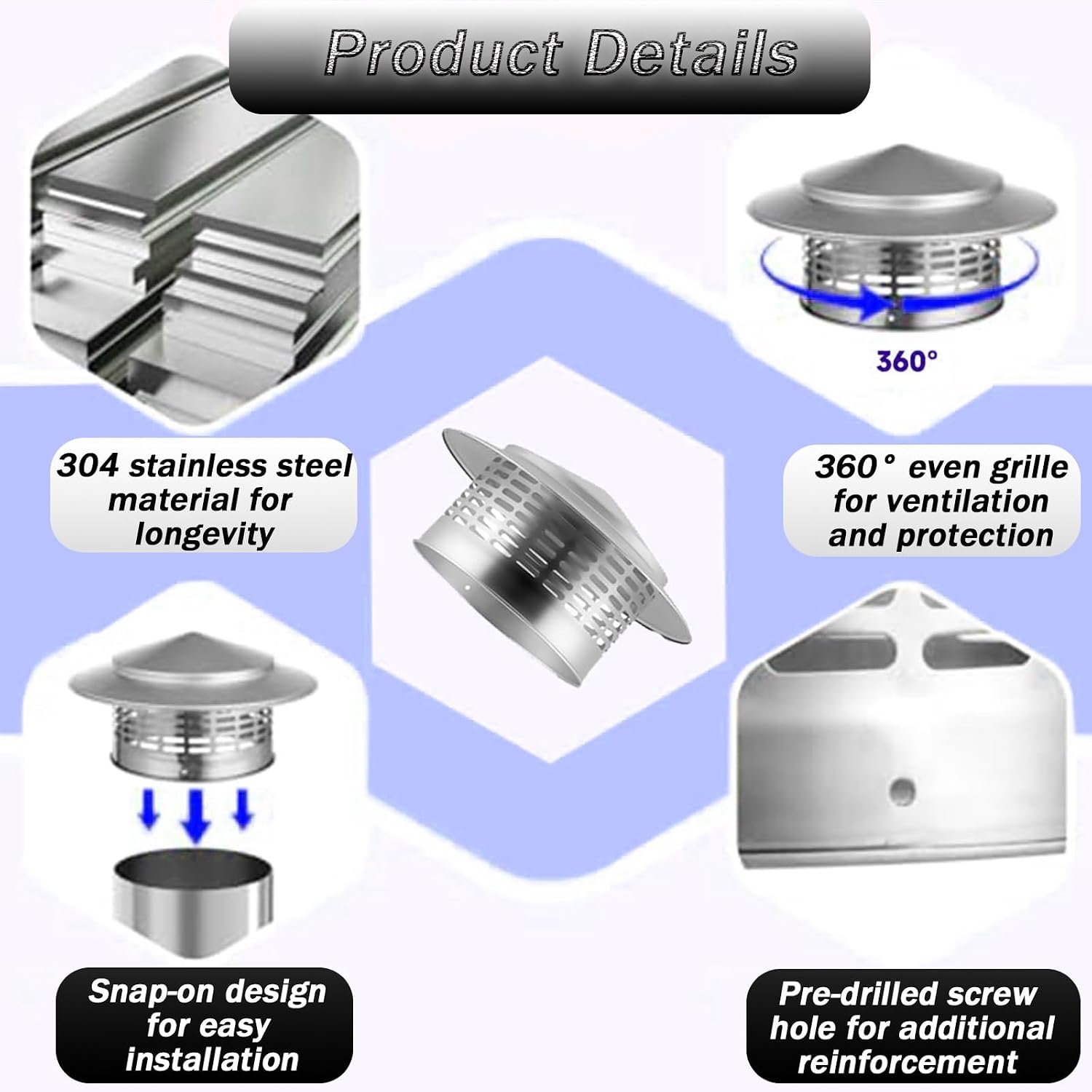 Round Cone Chimney Cap, Rain Cover for Roof, Stainless Steel Fireplace Exhaust Cap, Heavy Duty Chimney Rain Protection for Outdoor Use