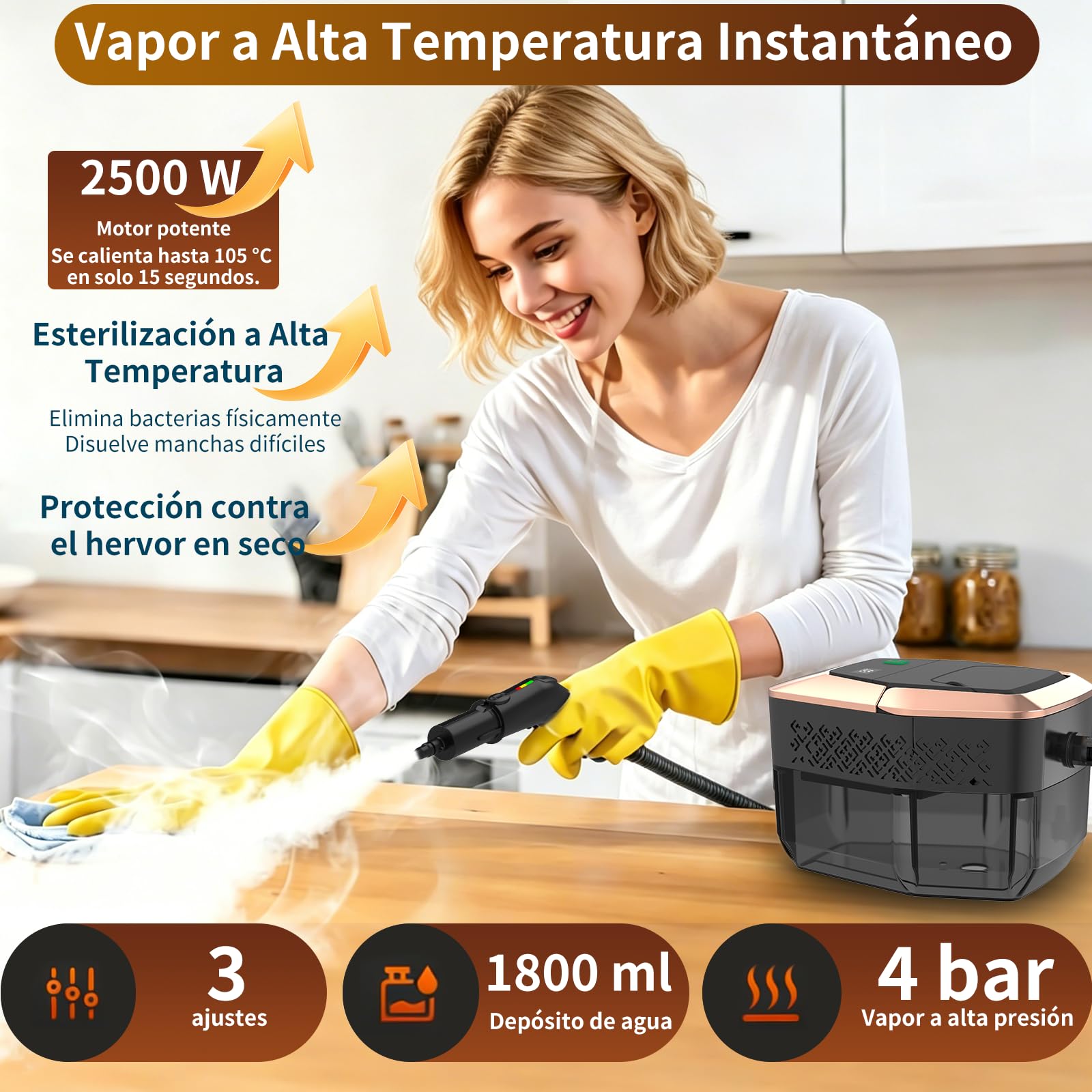Limpiador de vapor portátil 2500W con mando graduado en el mango, 8 boquillas, depósito 1800 ml, 3 niveles de vapor, 15 segundos de calentamiento, para coche cocina baño tapicería barbacoa