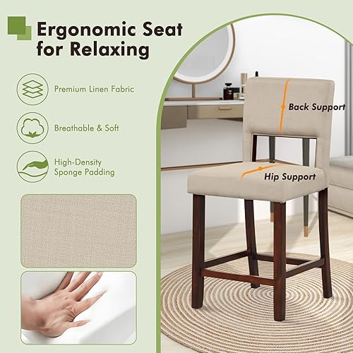 Miniatura 5 de COSTWAY Juego de 4 taburetes de bar, sillas de lino de 24.5 pulgadas de altura de mostrador con respaldos huecos, patas de madera de goma, taburetes