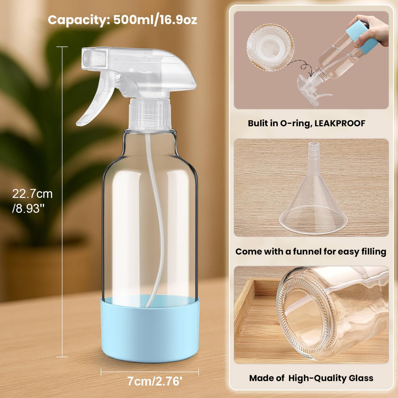 Lot de 2 vaporisateurs vides en verre avec manchon en silicone de 480 ml pour brume capillaire/pulvérisation de flux pour solutions de nettoyage, plantes, huiles essentielles (transparent-qblue
