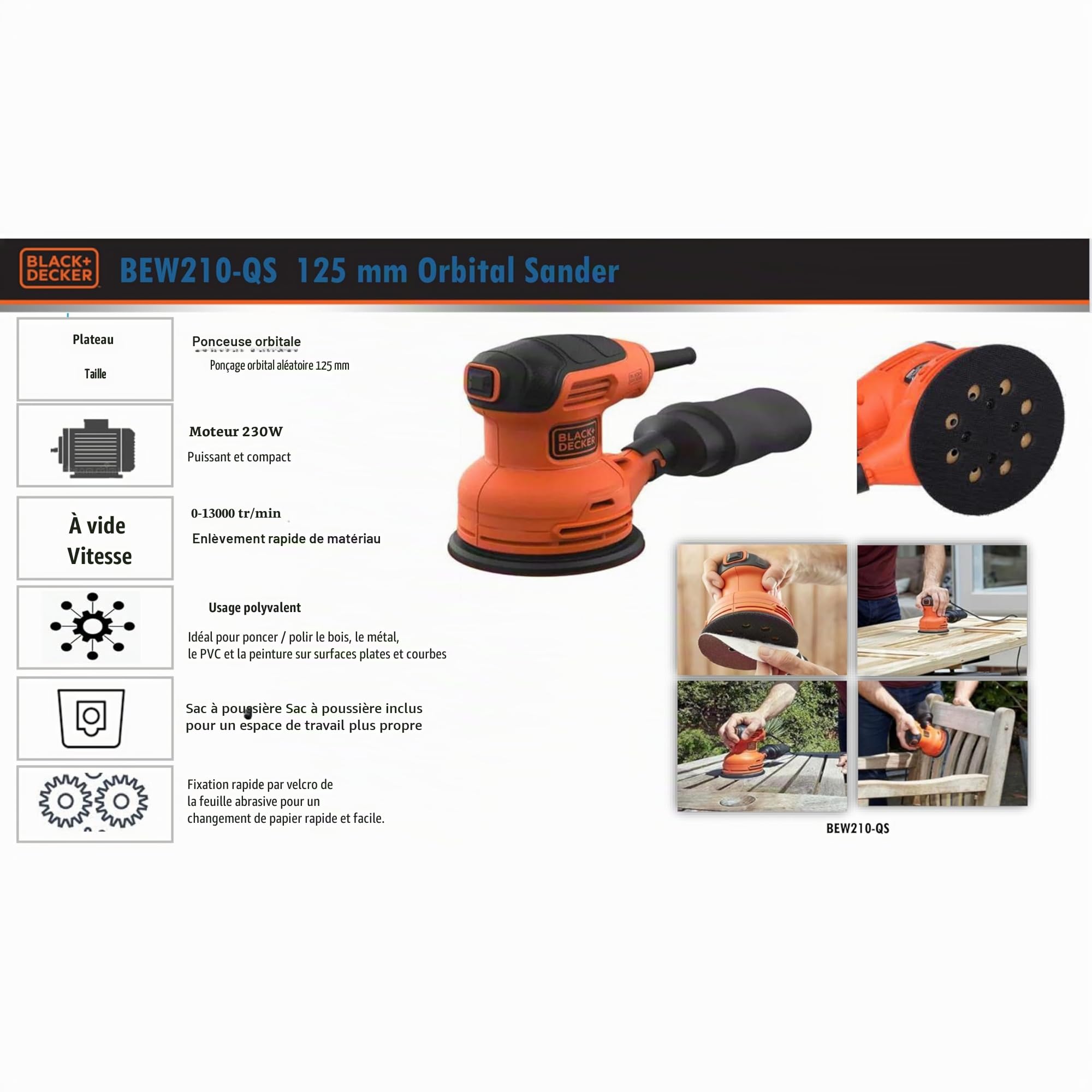 BLACK+DECKER Ponceuse excentrique filaire - 230W - 125mm - 1 abrasif - Livrée avec un sac de collection des poussières, BEW210-QS