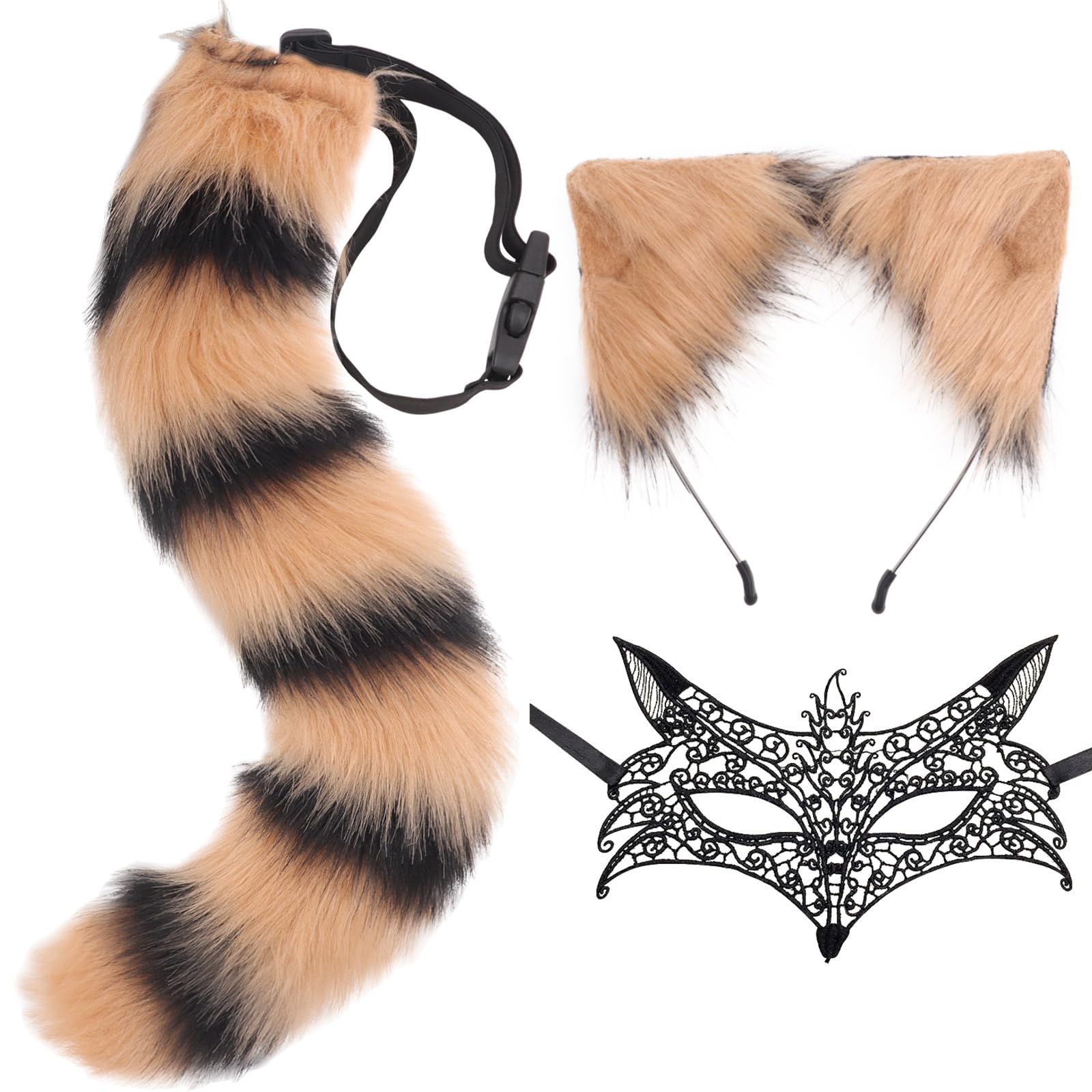 DRESHOW Faux Fur Wolf Tail Cat Ears Headband Lace Masquerade Mask Set Wolf Fox Cosplay Costume Animal Dress Up Fancy Dress Accessories Halloween Role Play Party Costume