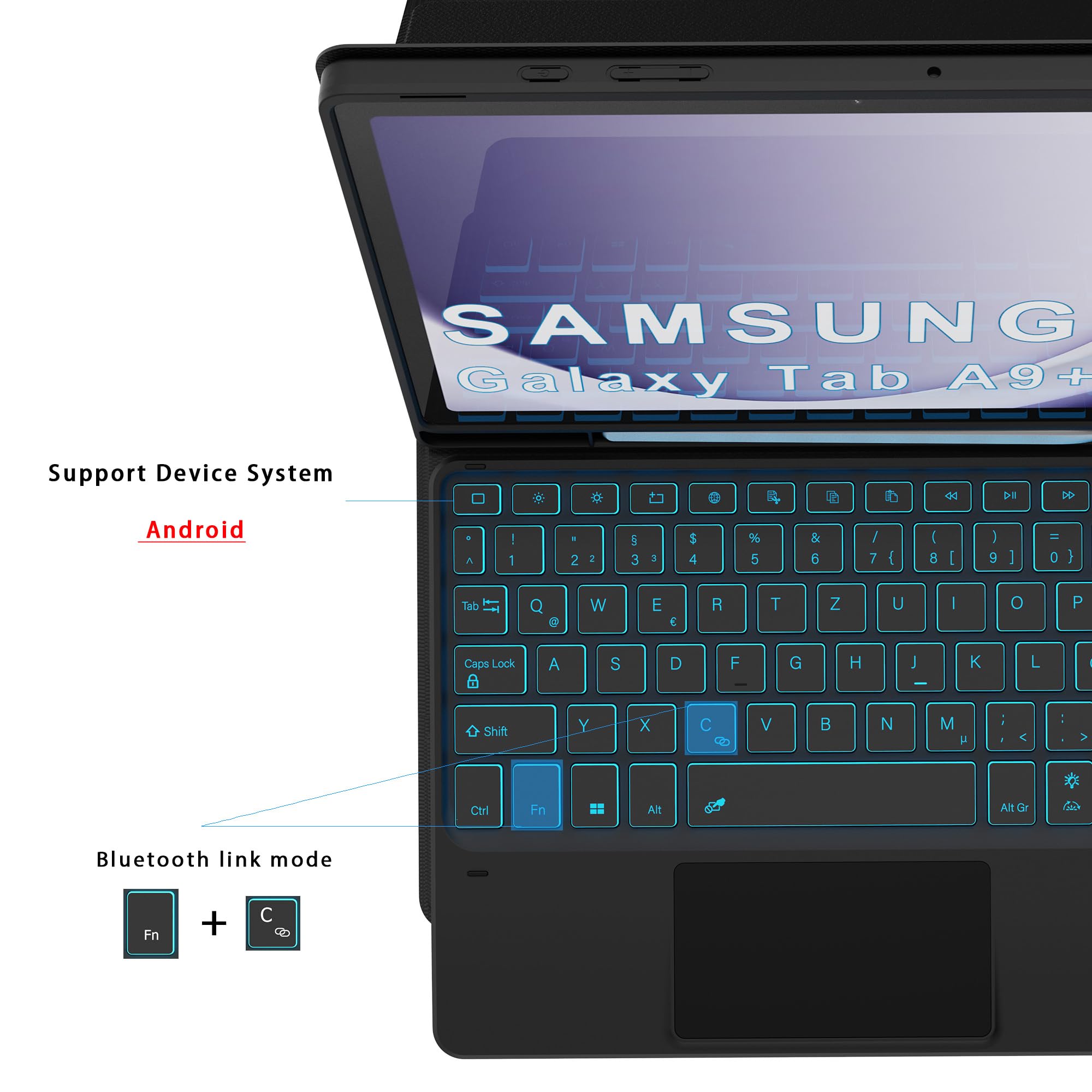 Für Galaxy Tab A9+/A11+ Hülle mit Tastatur - 7 Farben Beleuchtung Abnehmbare Trackpad Tablet Cover - Beleuchtete Deutsches QWERTZ Layout Tastatur mit Stifthalter für Samsung Tab A9 Plus/A11 Plus 11"