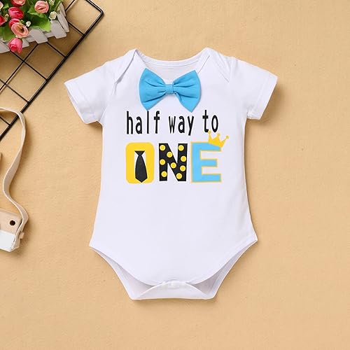 Miniatura 9 de IDOPIP My 12 Birthday Boy Outfit Baby Boy Half Way to One Cake Smash Photo Prop Mameluco con tirantes y diadema